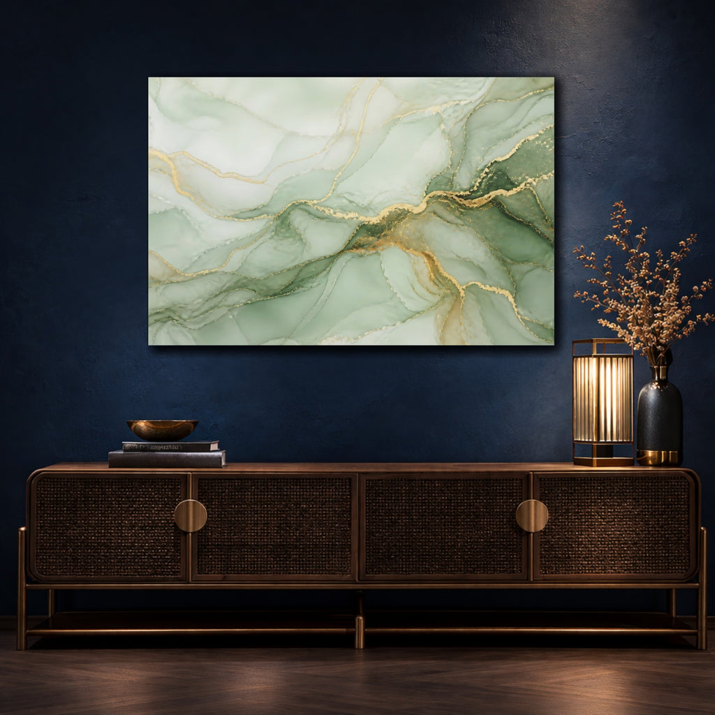 Mockup 4. Abstract Fluid Art Green Gold Swirl shown as stretched canvas wall art