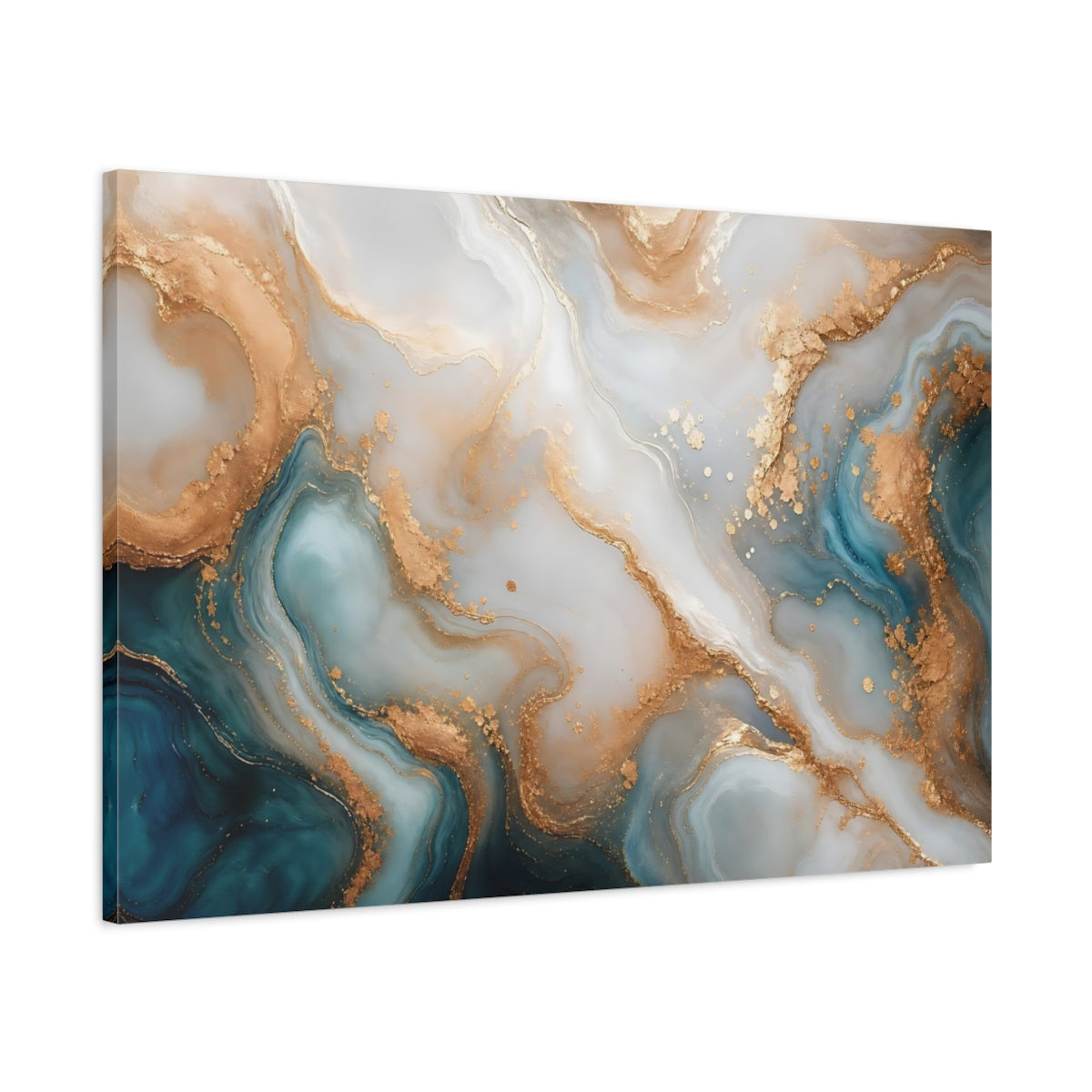 Main Mockup. Abstract Fluid Art Teal And Gold shown as stretched canvas wall art