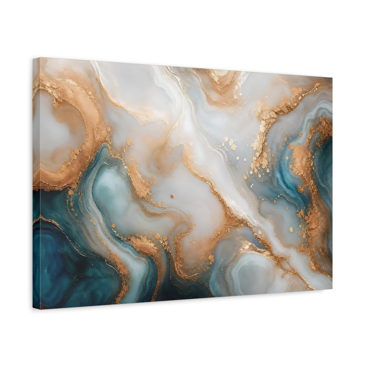 Side Mockup 3. Abstract Fluid Art Teal And Gold shown as stretched canvas wall art