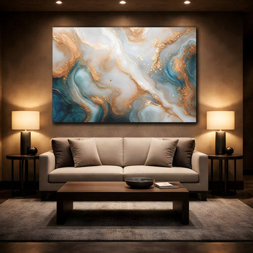 Mockup 2. Abstract Fluid Art Teal And Gold shown as stretched canvas wall art