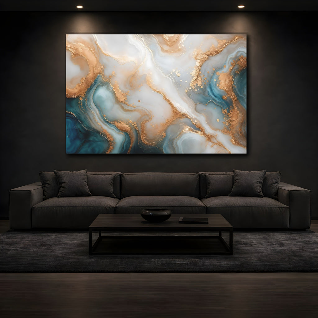 Mockup 3. Abstract Fluid Art Teal And Gold shown as stretched canvas wall art