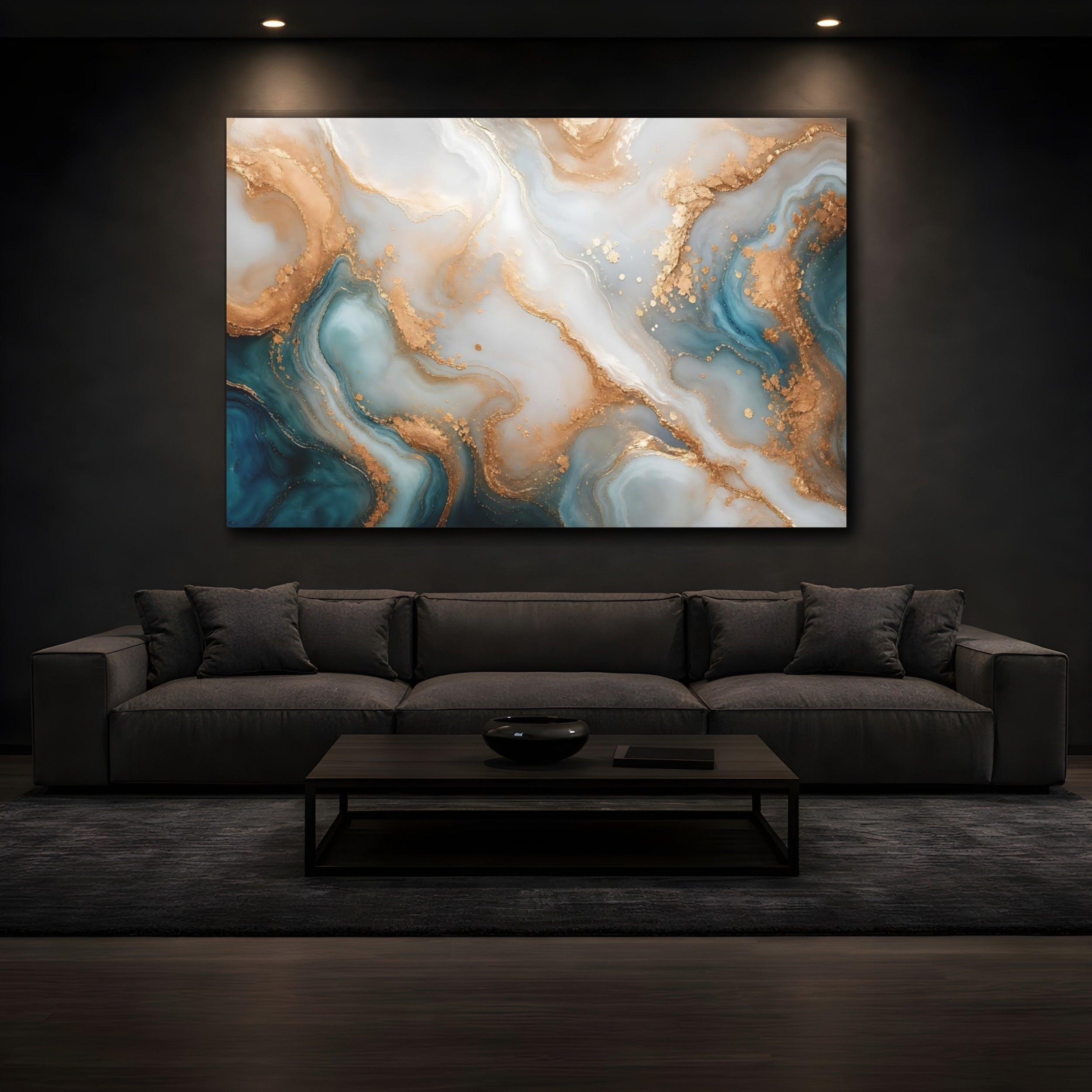 Mockup 3. Abstract Fluid Art Teal And Gold shown as stretched canvas wall art
