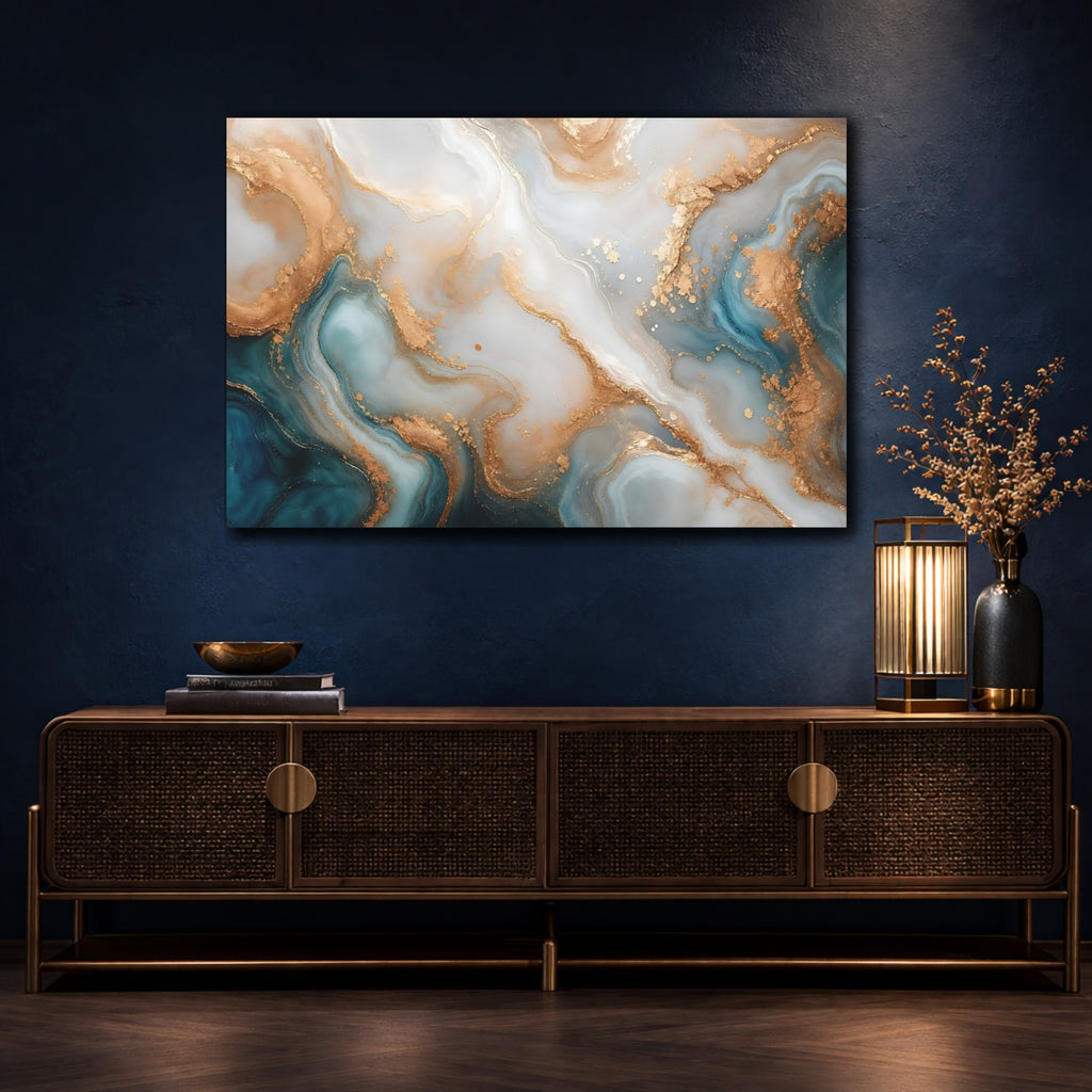 Mockup 4. Abstract Fluid Art Teal And Gold shown as stretched canvas wall art