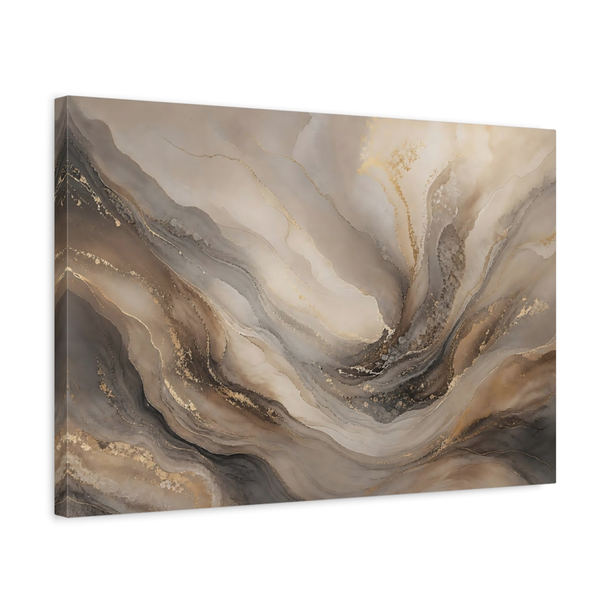 Side Mockup 3. Abstract Abstract Fluid Beige Gold Abstract shown as stretched canvas wall art