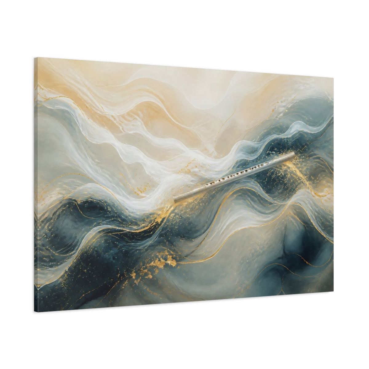 Side Mockup 1. Abstract Flute Blue And Gold shown as stretched canvas wall art