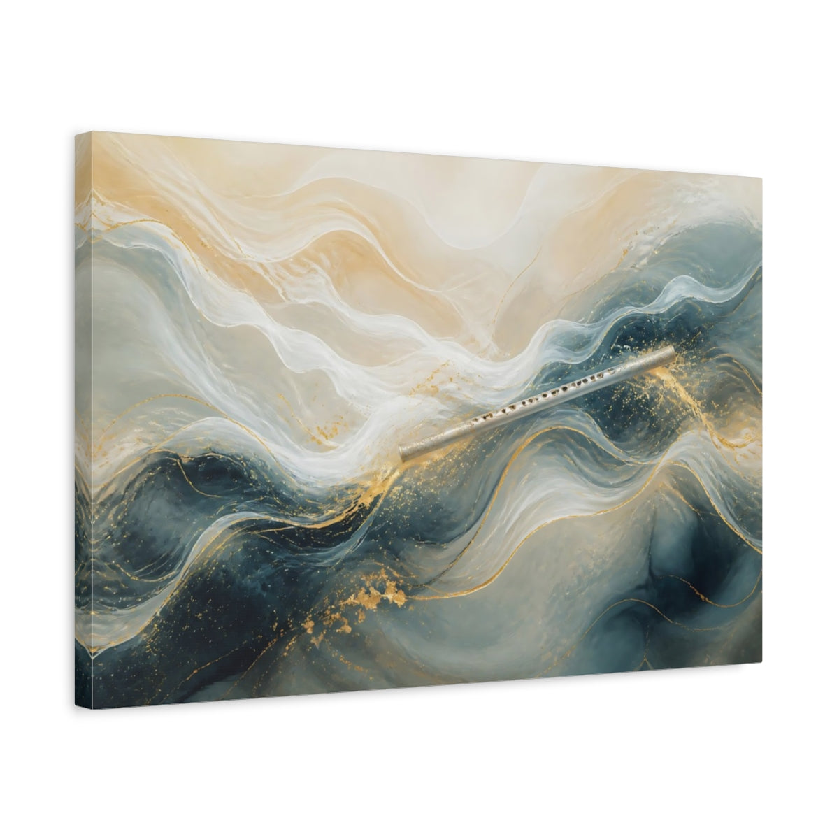Side Mockup 3. Abstract Flute Blue And Gold shown as stretched canvas wall art