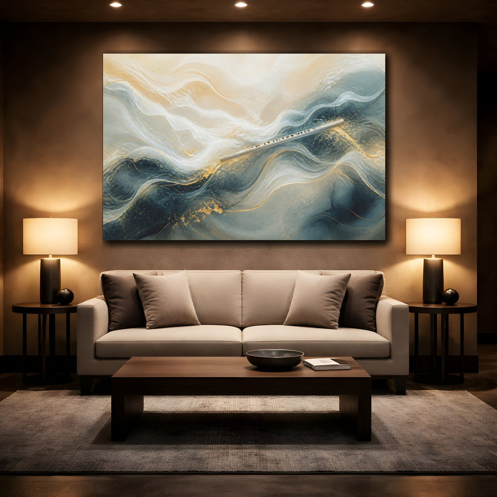 Mockup 2. Abstract Flute Blue And Gold shown as stretched canvas wall art
