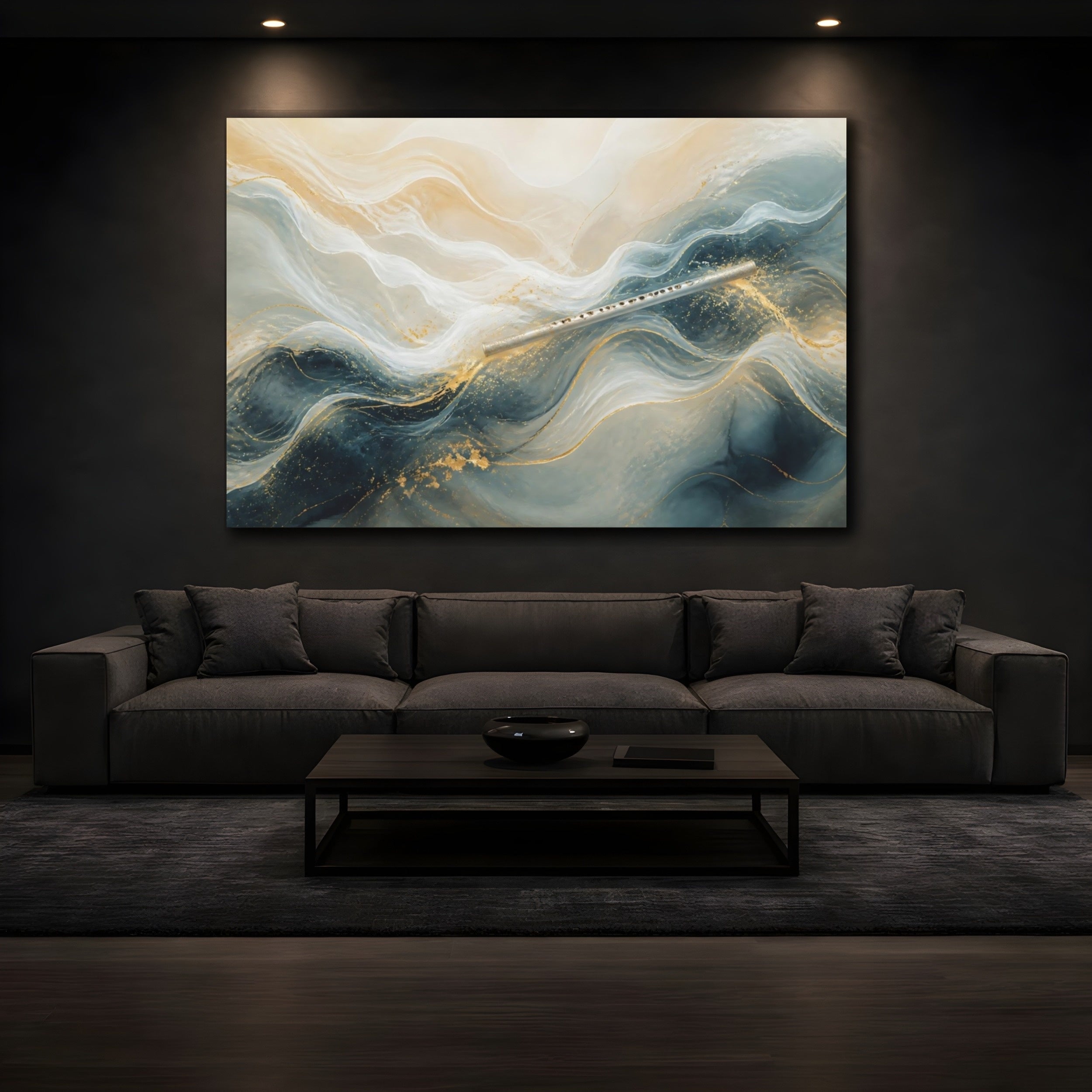 Mockup 3. Abstract Flute Blue And Gold shown as stretched canvas wall art