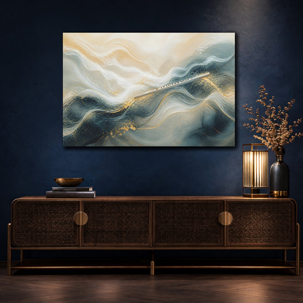 Mockup 4. Abstract Flute Blue And Gold shown as stretched canvas wall art