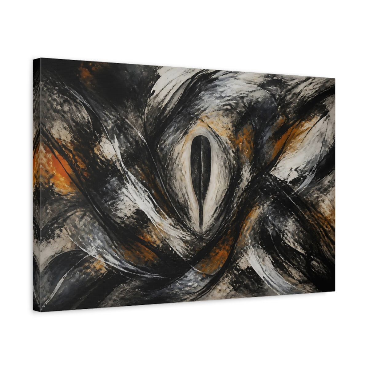 Side Mockup 3. Abstract Abstract Form Black White Orange shown as stretched canvas wall art