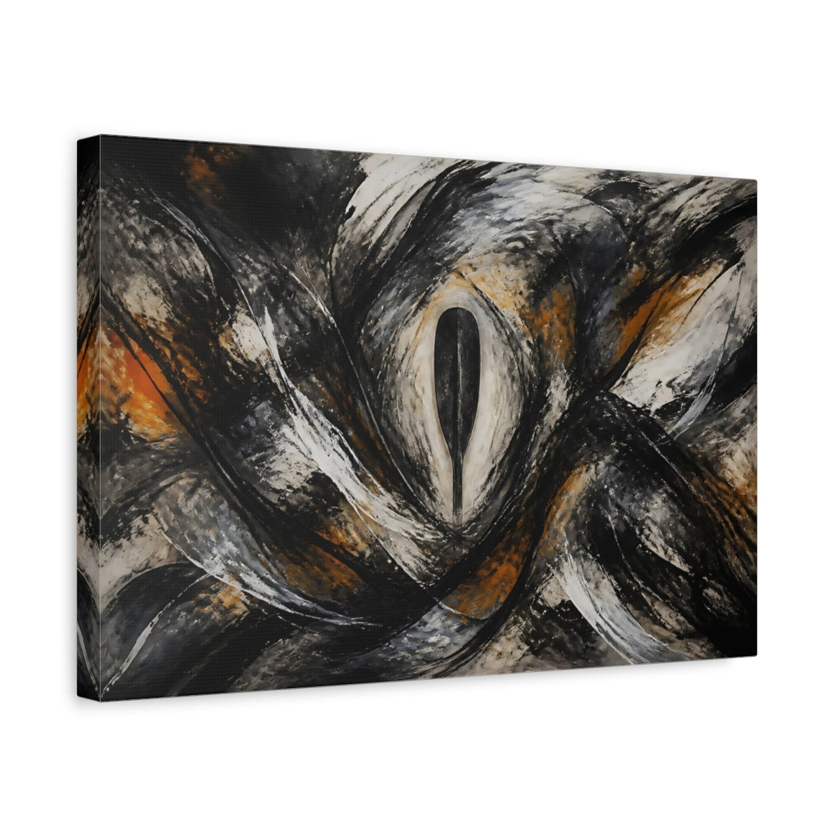 Side Mockup 4. Abstract Abstract Form Black White Orange shown as stretched canvas wall art