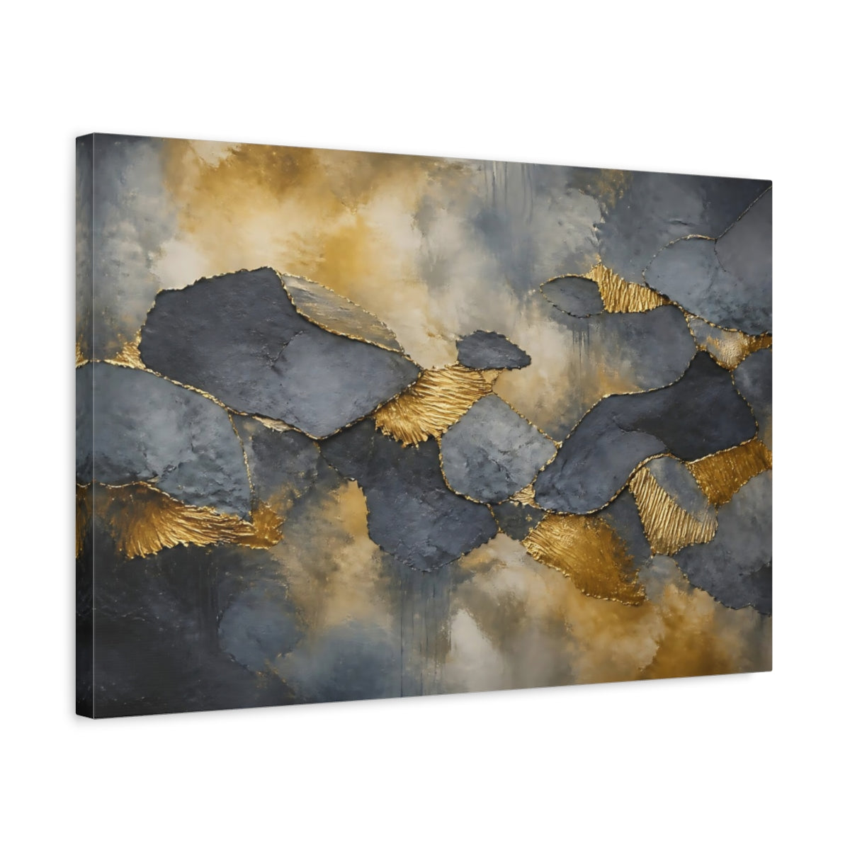 Side Mockup 3. Abstract Abstract Forms Gold And Grey shown as stretched canvas wall art