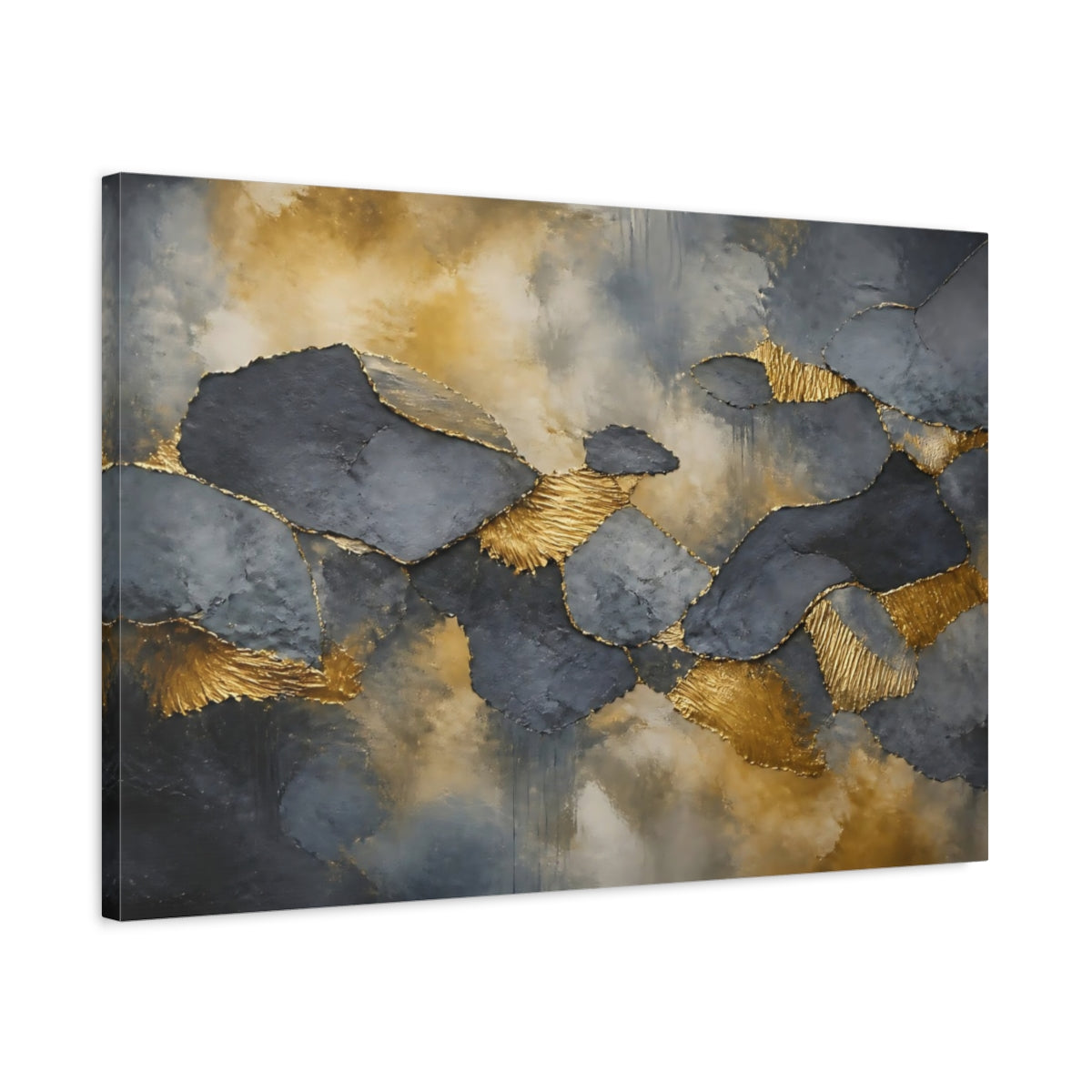 Side Mockup 2. Abstract Abstract Forms Gold And Grey shown as stretched canvas wall art