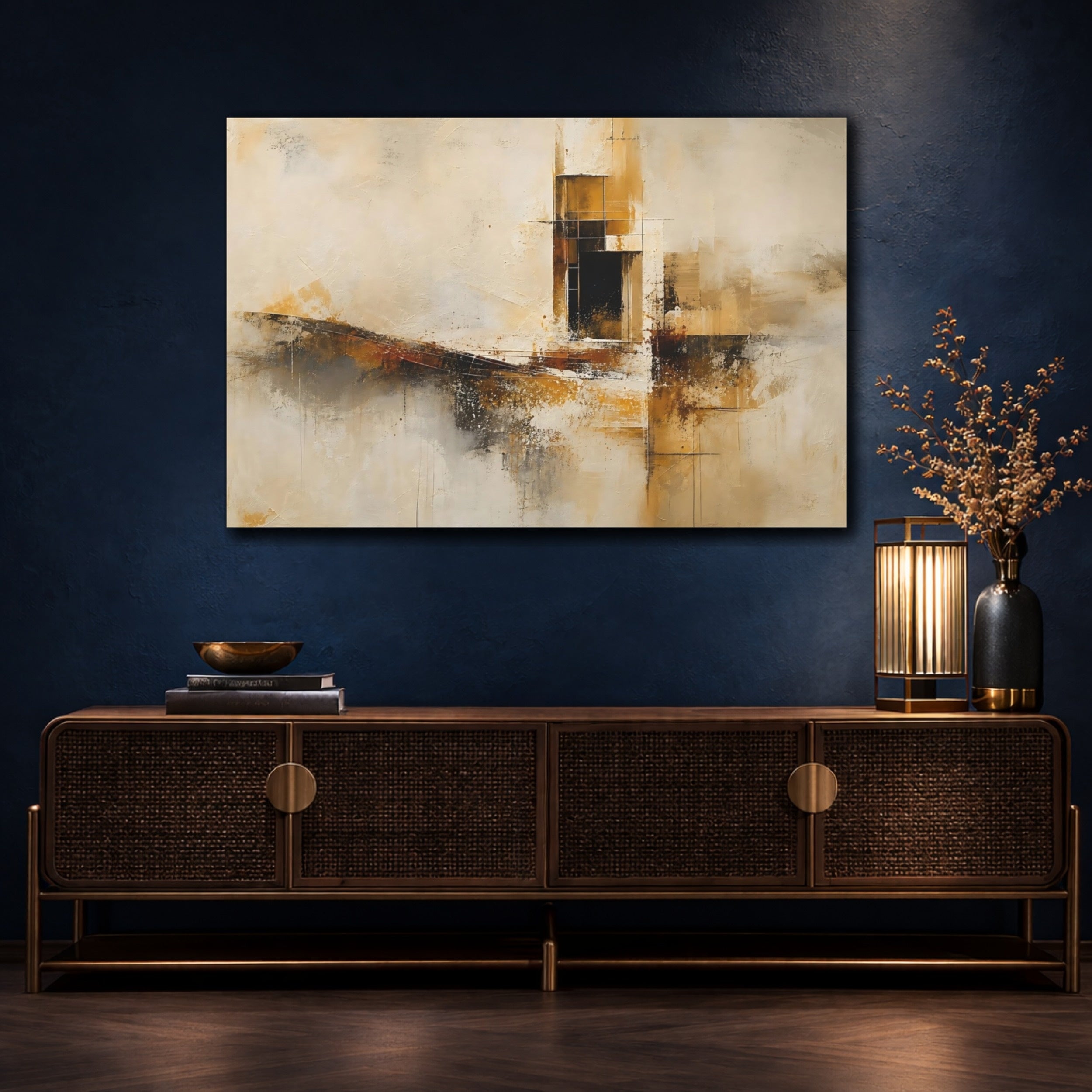 Mockup 4. Abstract Geometric Forms Abstract Gold Black Art shown as stretched canvas wall art