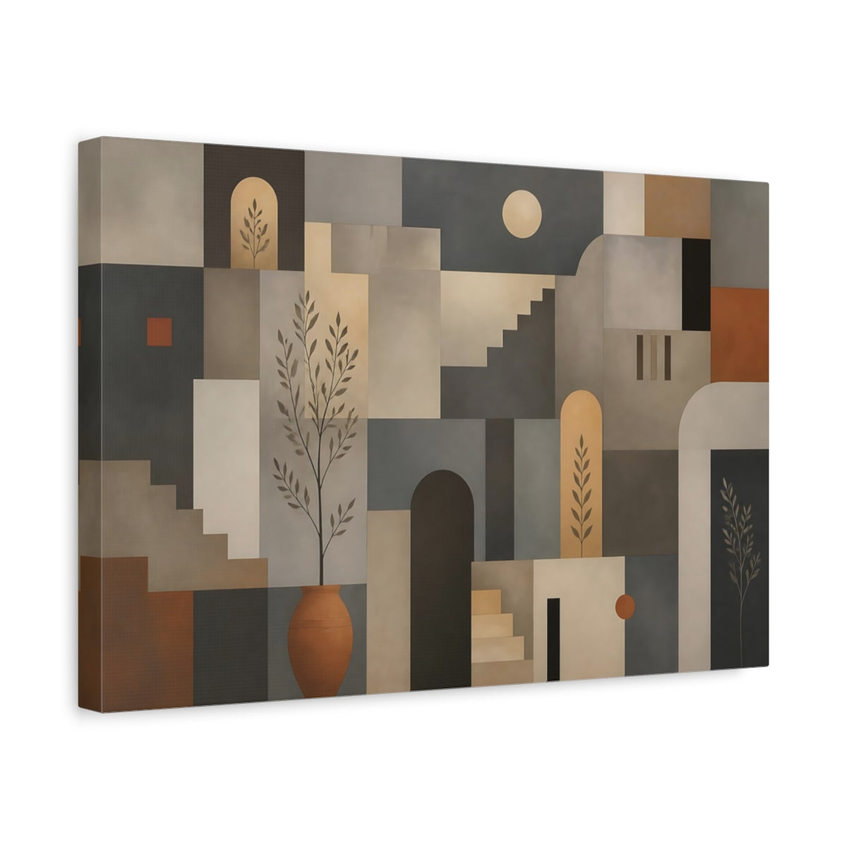Side Mockup 4. Abstract Geometric Forms Earthy Geometric Art shown as stretched canvas wall art