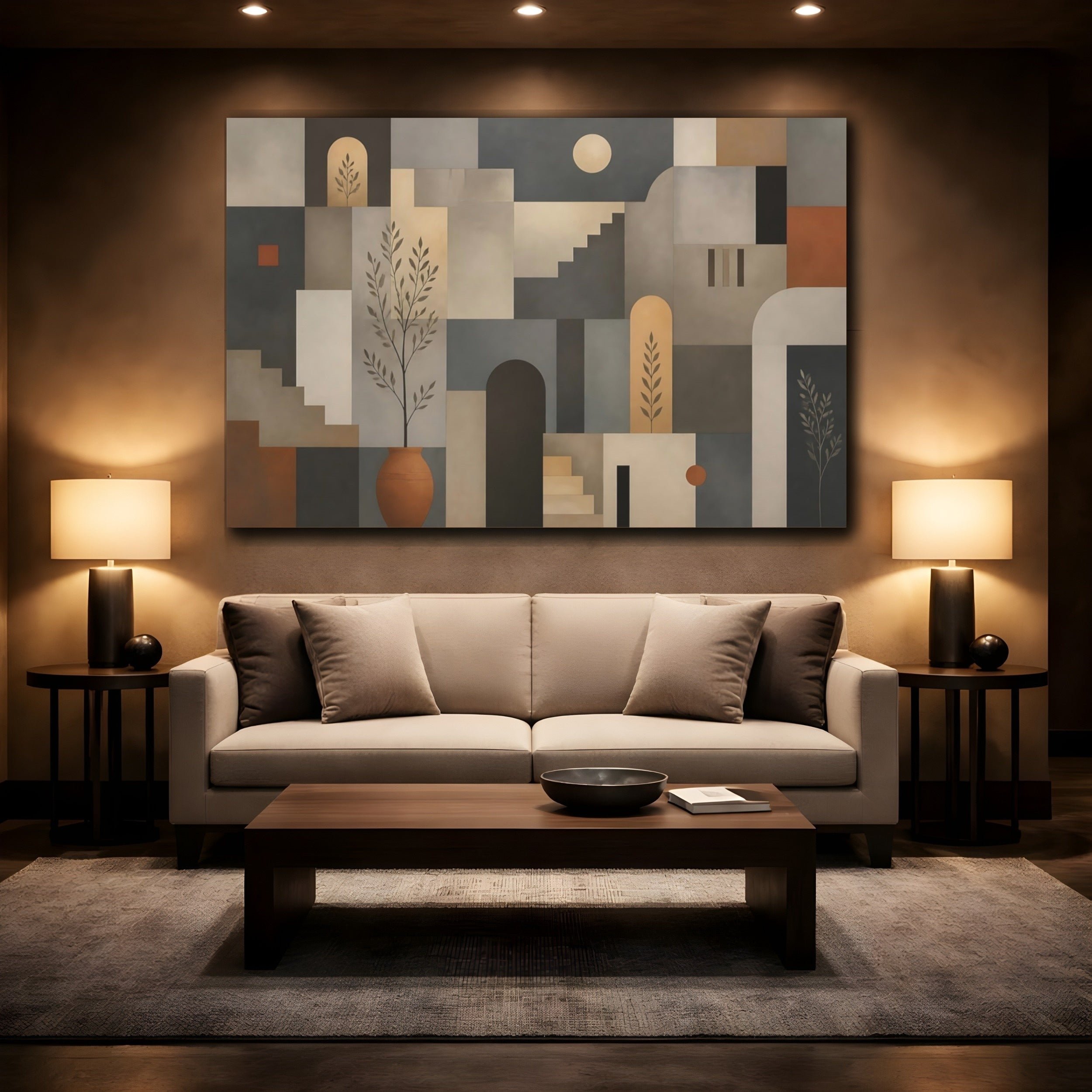 Mockup 2. Abstract Geometric Forms Earthy Geometric Art shown as stretched canvas wall art