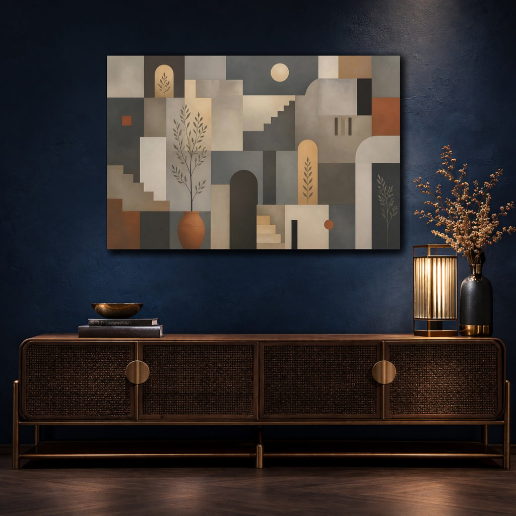 Mockup 4. Abstract Geometric Forms Earthy Geometric Art shown as stretched canvas wall art