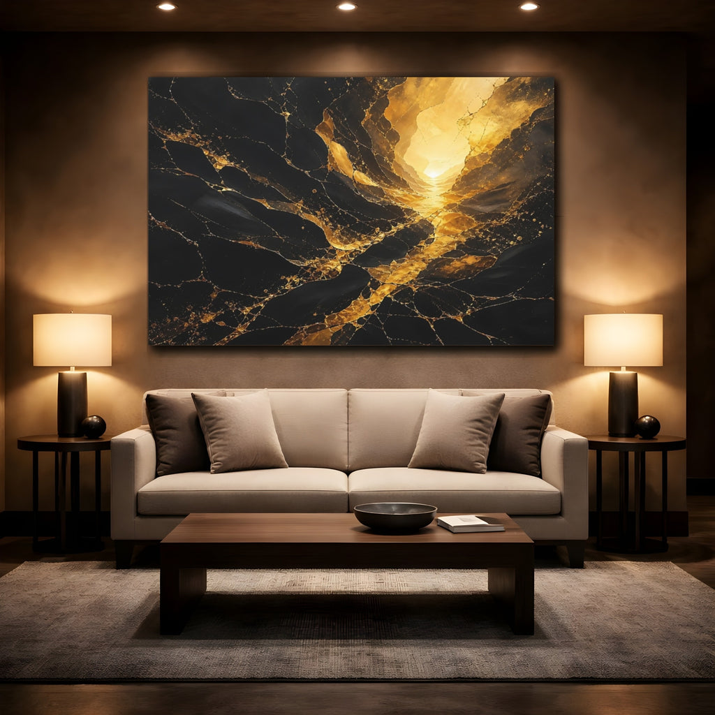 Mockup 2. Abstract Gold Kintsugi Black Gold Abstract shown as stretched canvas wall art