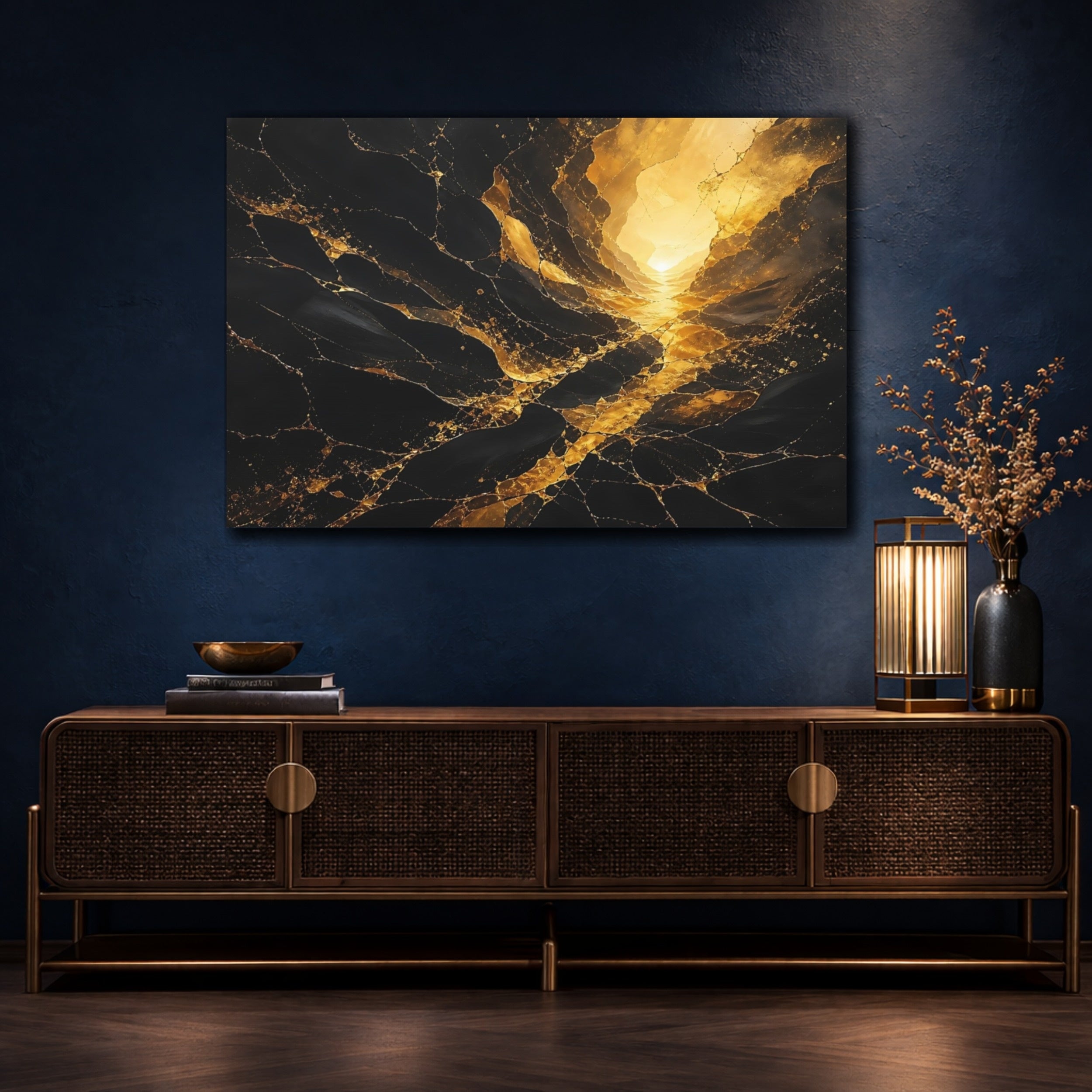 Mockup 4. Abstract Gold Kintsugi Black Gold Abstract shown as stretched canvas wall art
