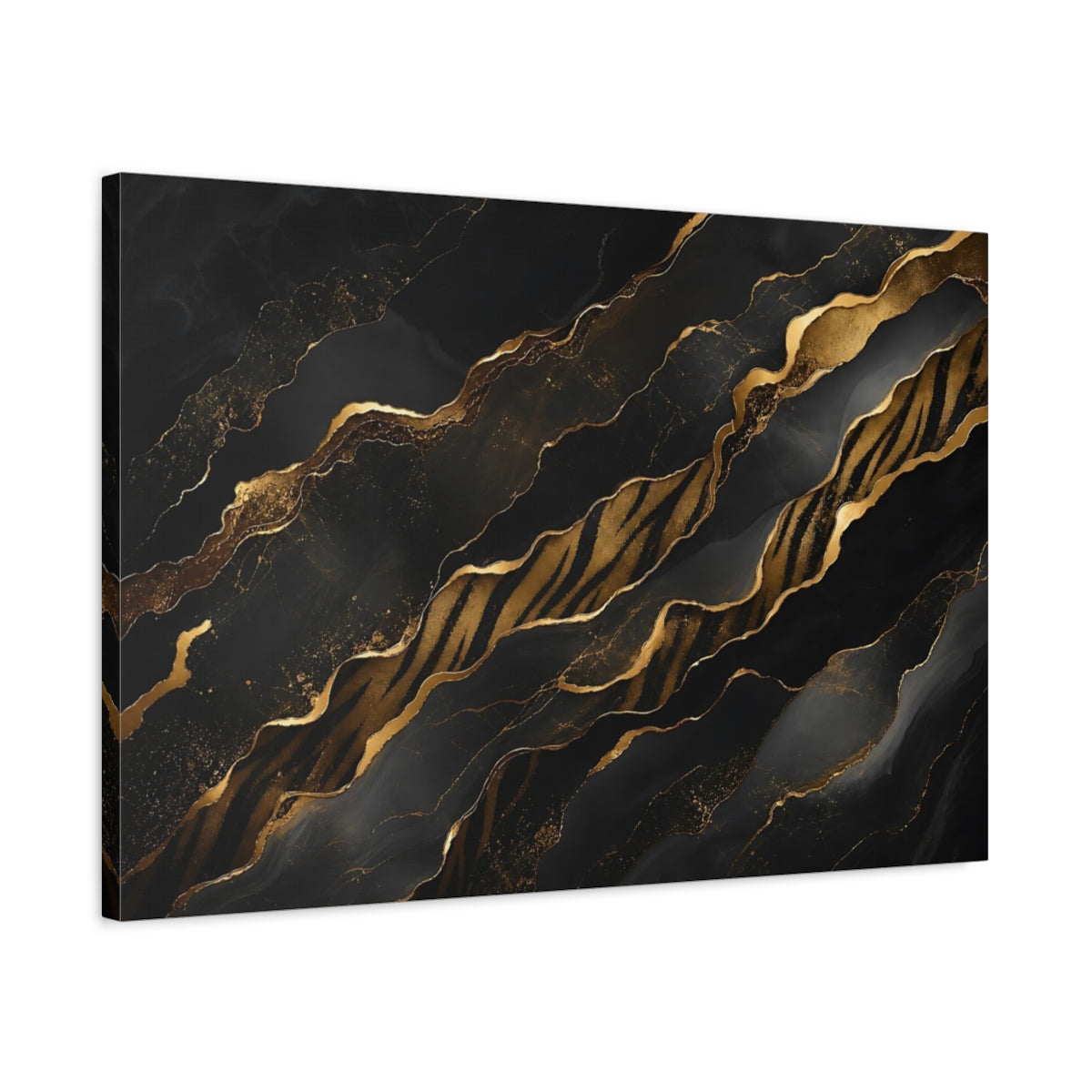 Side Mockup 2. Abstract Gold Waves Black And Gold shown as stretched canvas wall art