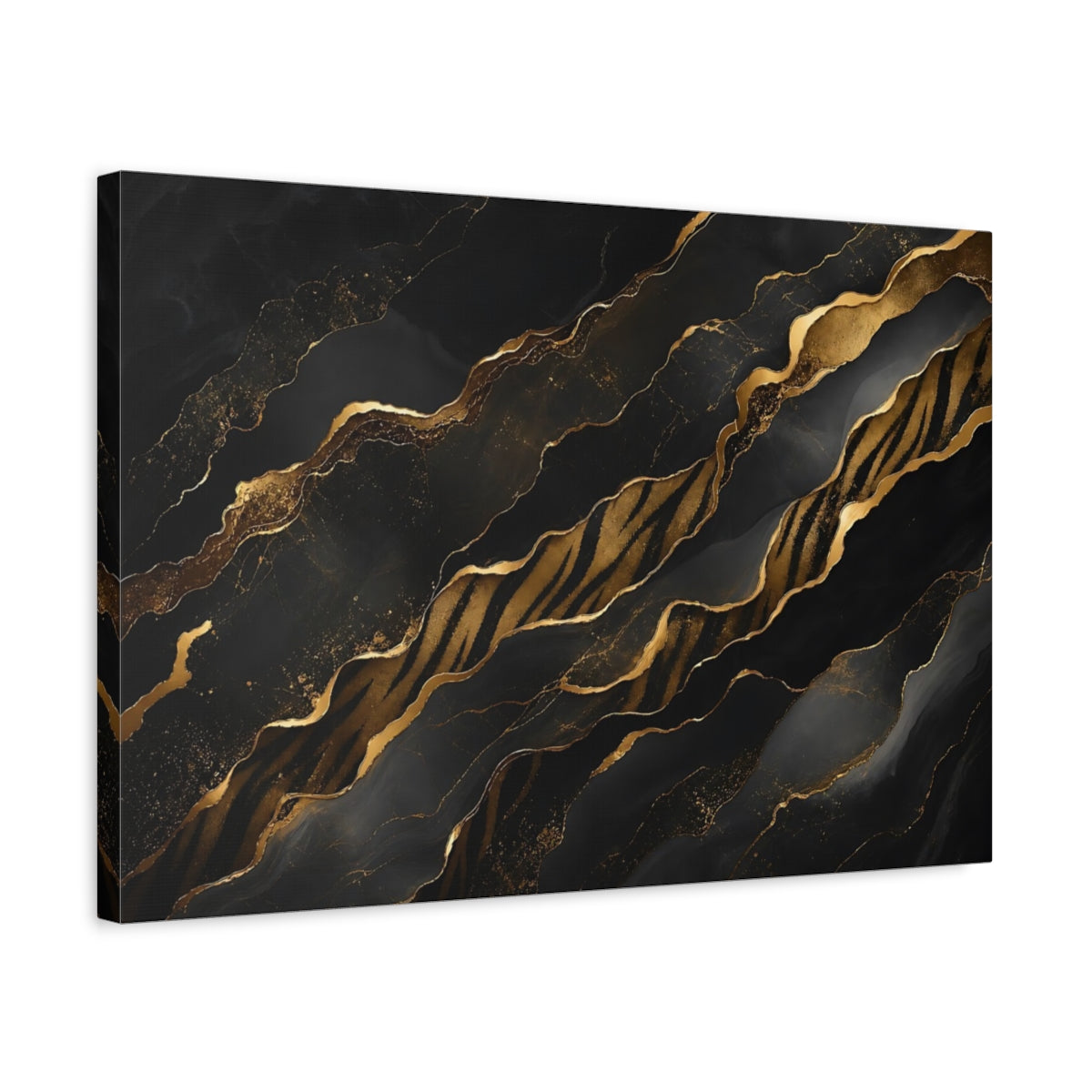 Side Mockup 3. Abstract Gold Waves Black And Gold shown as stretched canvas wall art