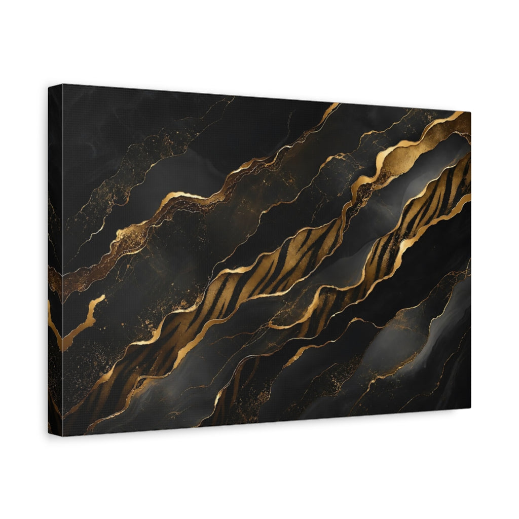 Side Mockup 4. Abstract Gold Waves Black And Gold shown as stretched canvas wall art