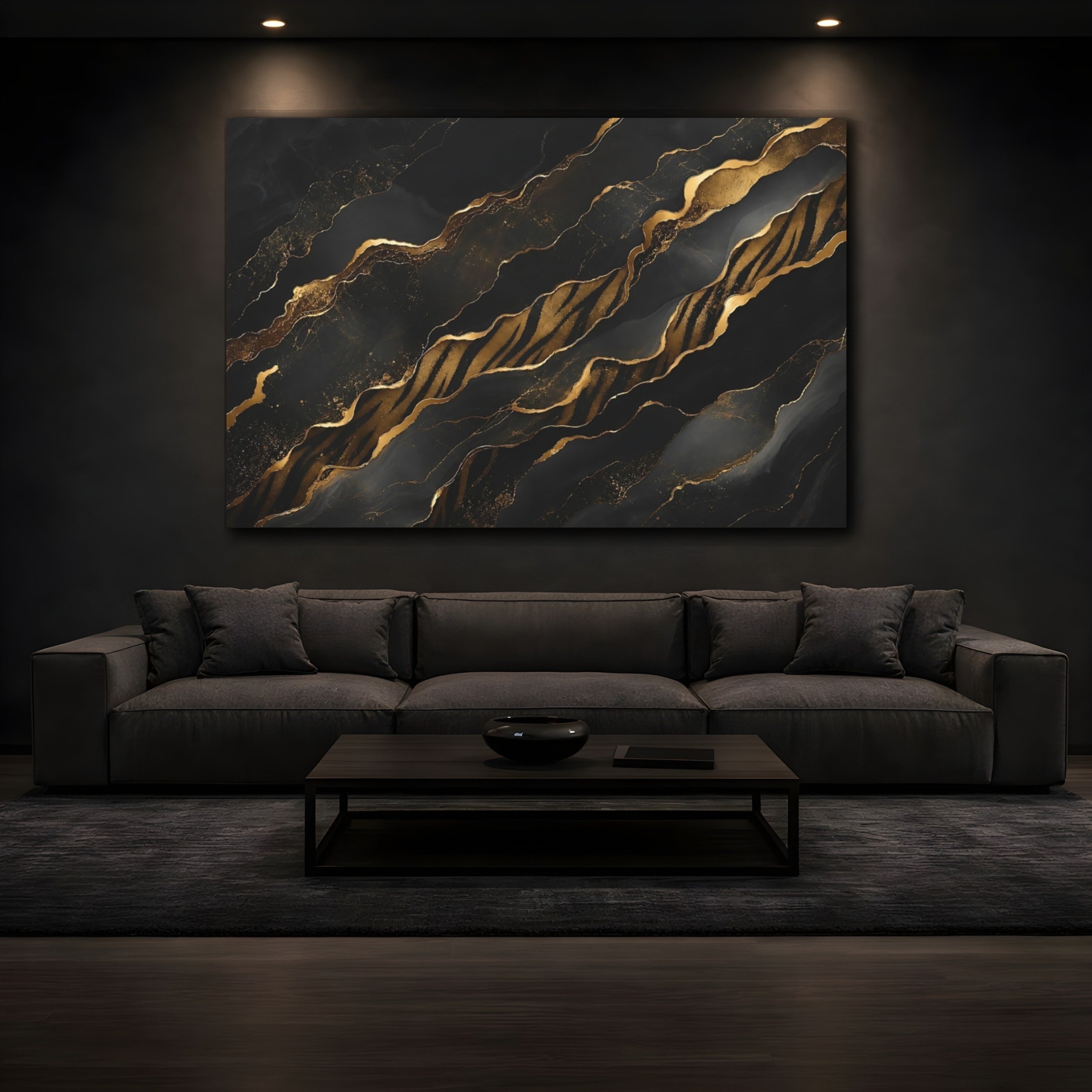 Mockup 3. Abstract Gold Waves Black And Gold shown as stretched canvas wall art