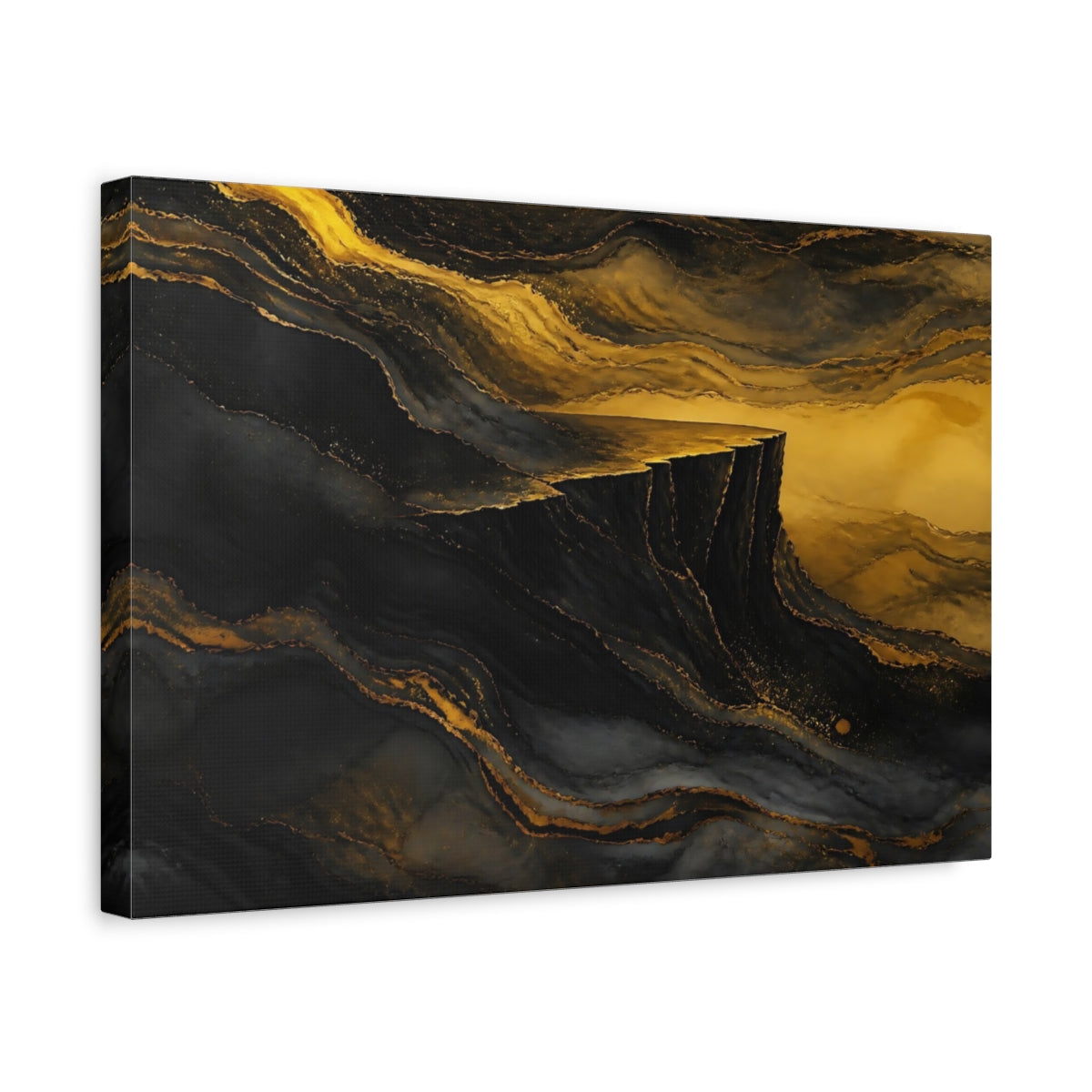 Side Mockup 4. Abstract Golden Cliff Black And Gold shown as stretched canvas wall art