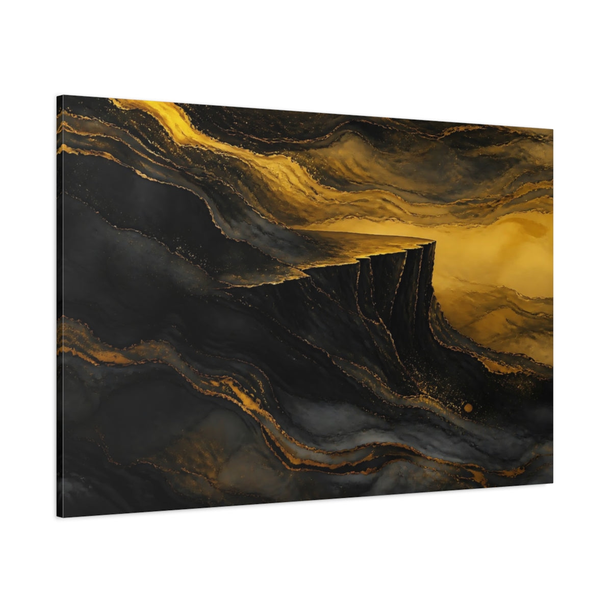 Side Mockup 1. Abstract Golden Cliff Black And Gold shown as stretched canvas wall art