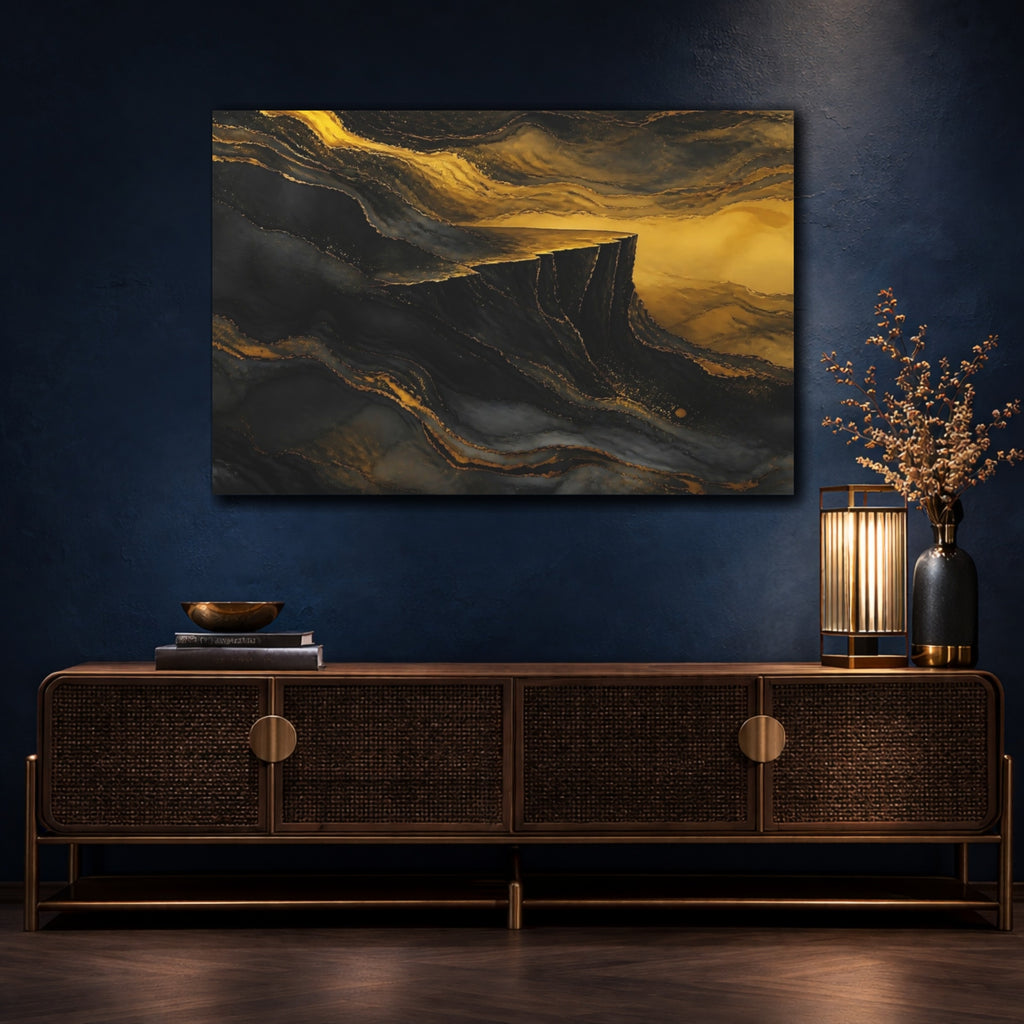Mockup 4. Abstract Golden Cliff Black And Gold shown as stretched canvas wall art