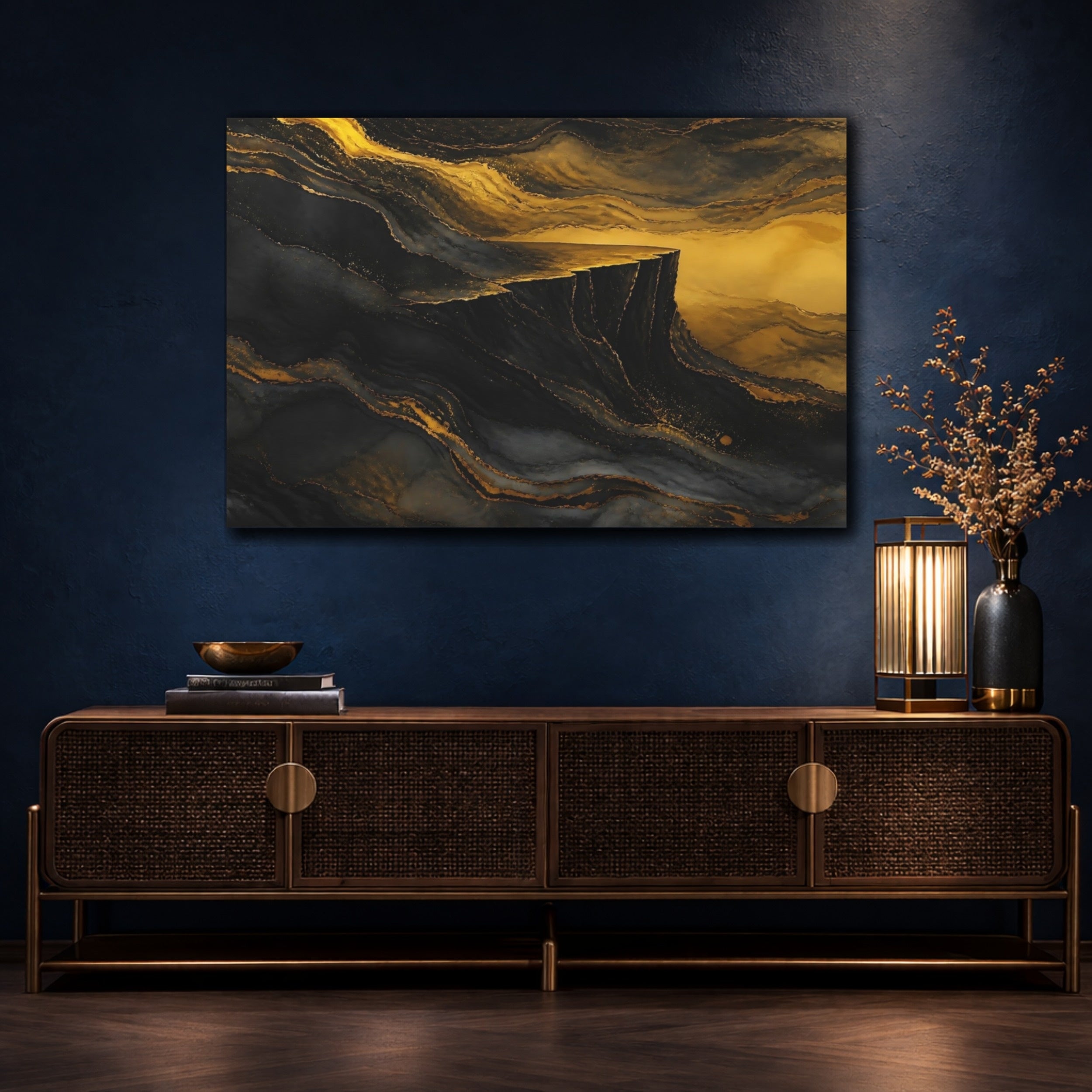 Mockup 4. Abstract Golden Cliff Black And Gold shown as stretched canvas wall art