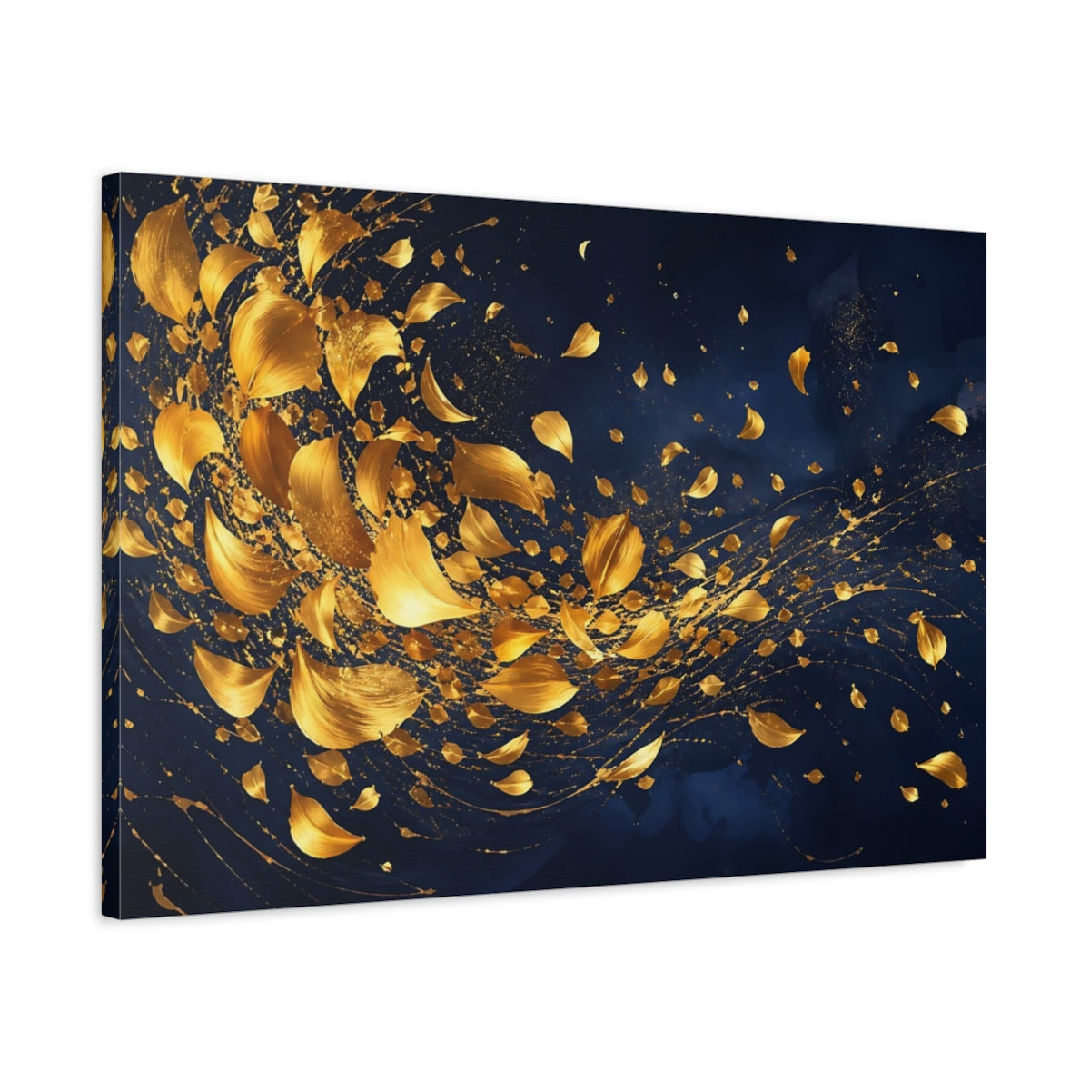 Side Mockup 2. Abstract Golden Leaves Blue And Gold shown as stretched canvas wall art