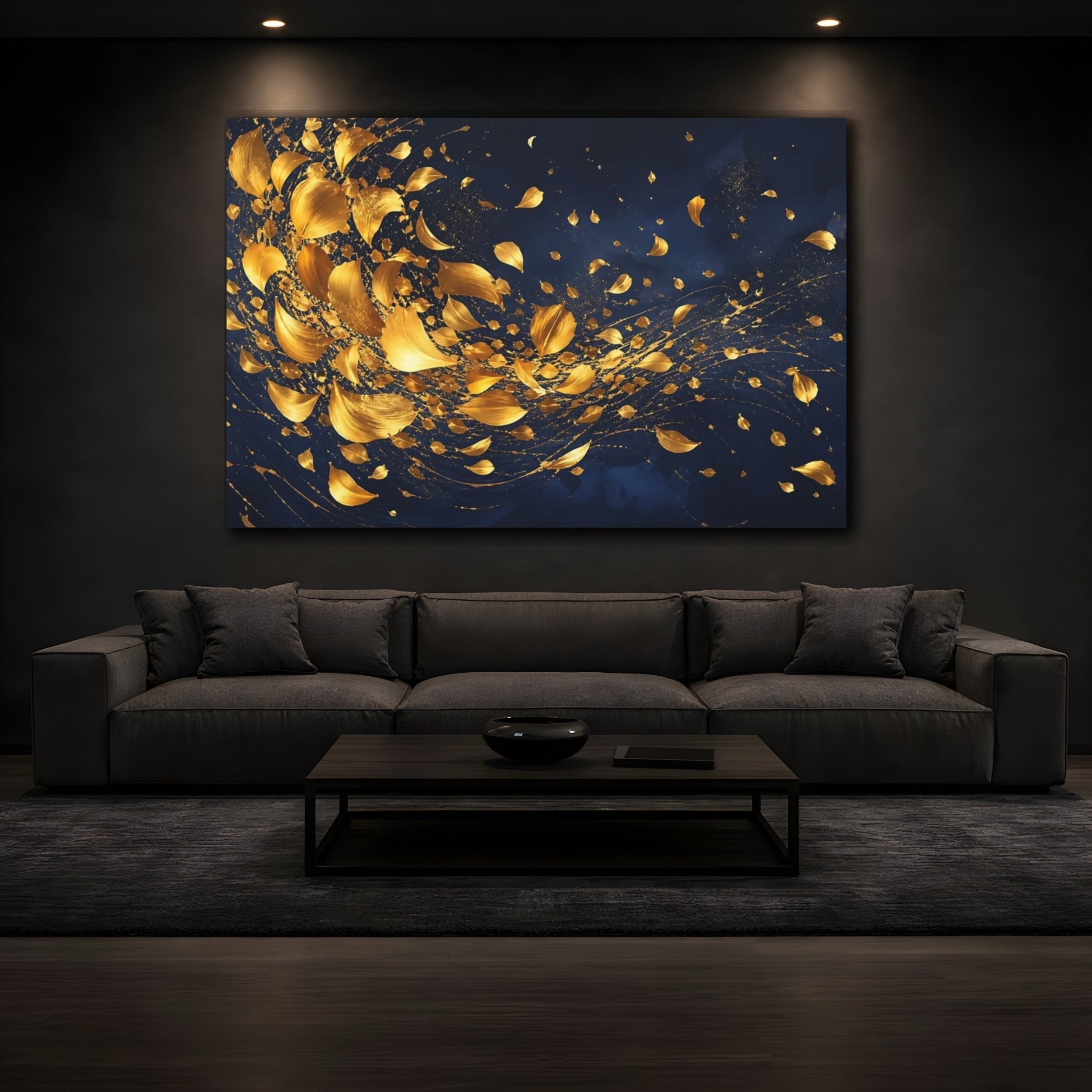 Mockup 3. Abstract Golden Leaves Blue And Gold shown as stretched canvas wall art