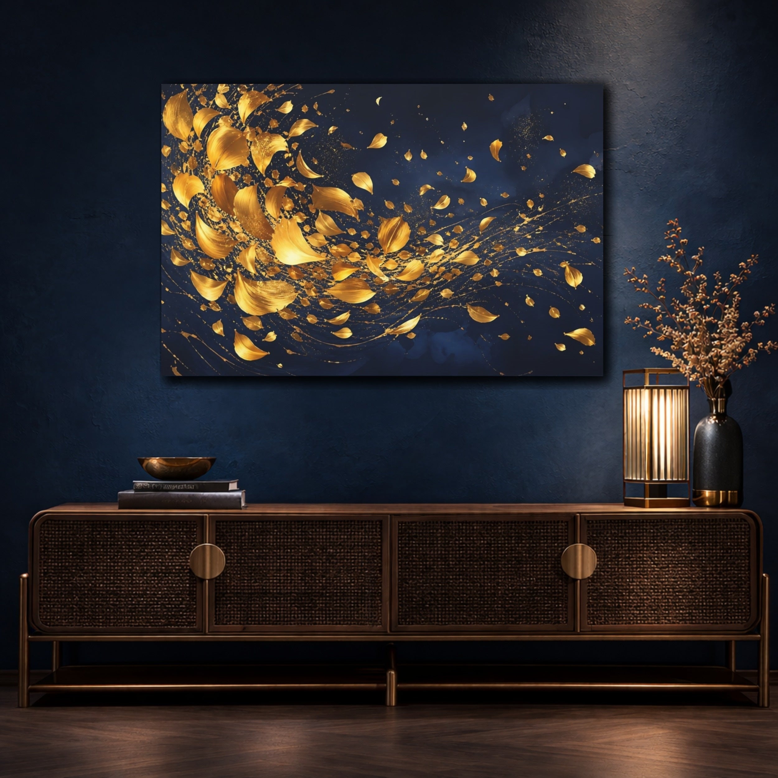 Mockup 4. Abstract Golden Leaves Blue And Gold shown as stretched canvas wall art