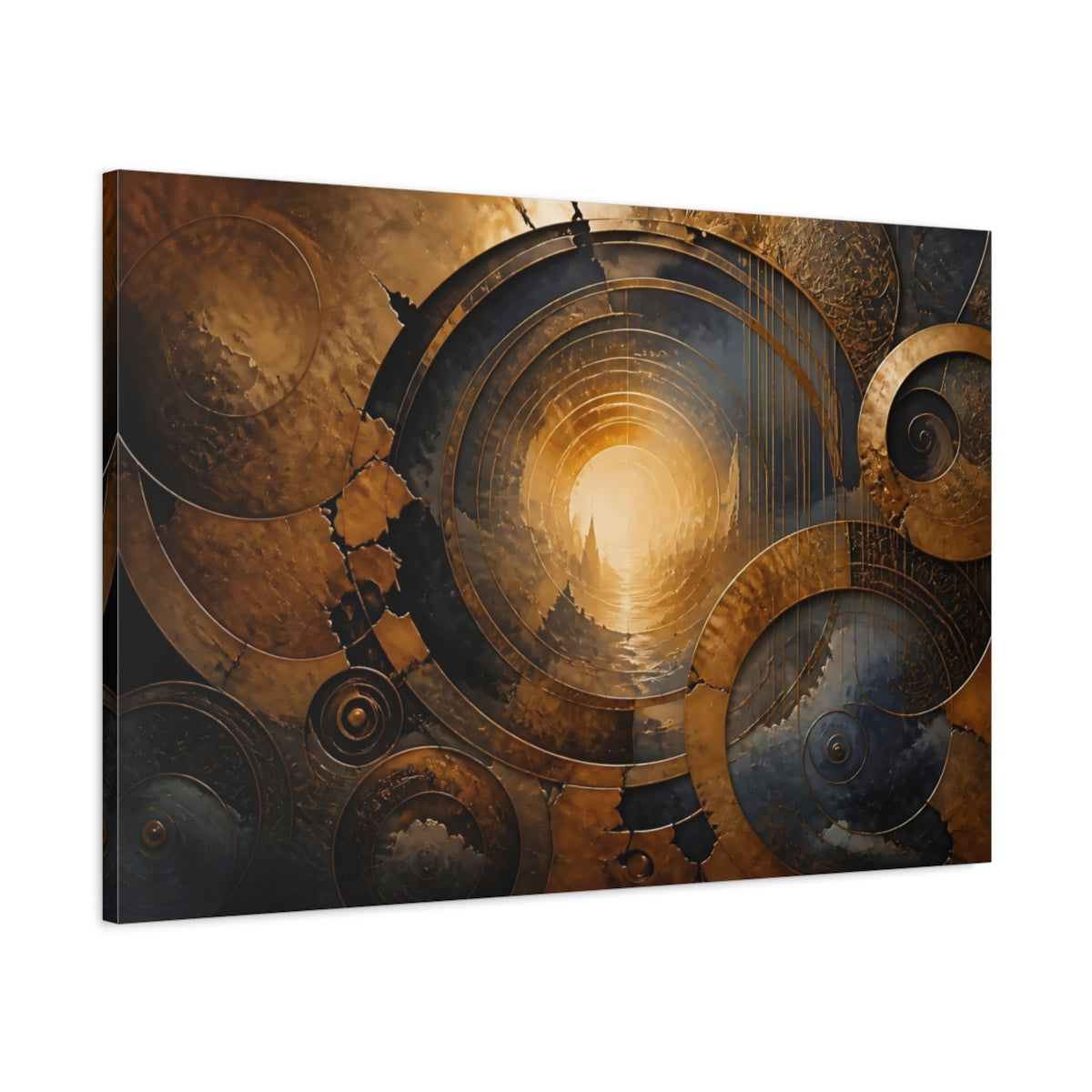Main Mockup. Abstract Golden Portal Gold And Blue shown as stretched canvas wall art