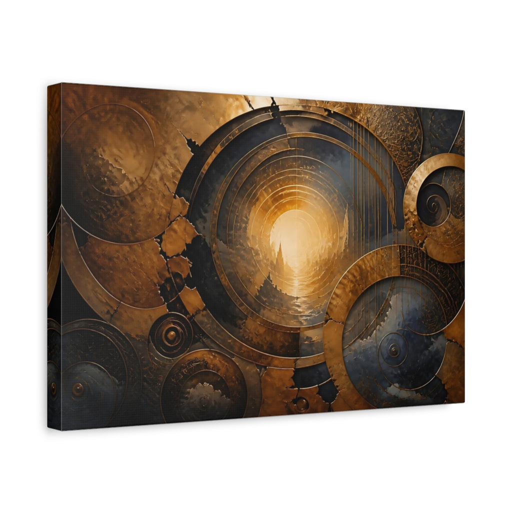 Side Mockup 4. Abstract Golden Portal Gold And Blue shown as stretched canvas wall art
