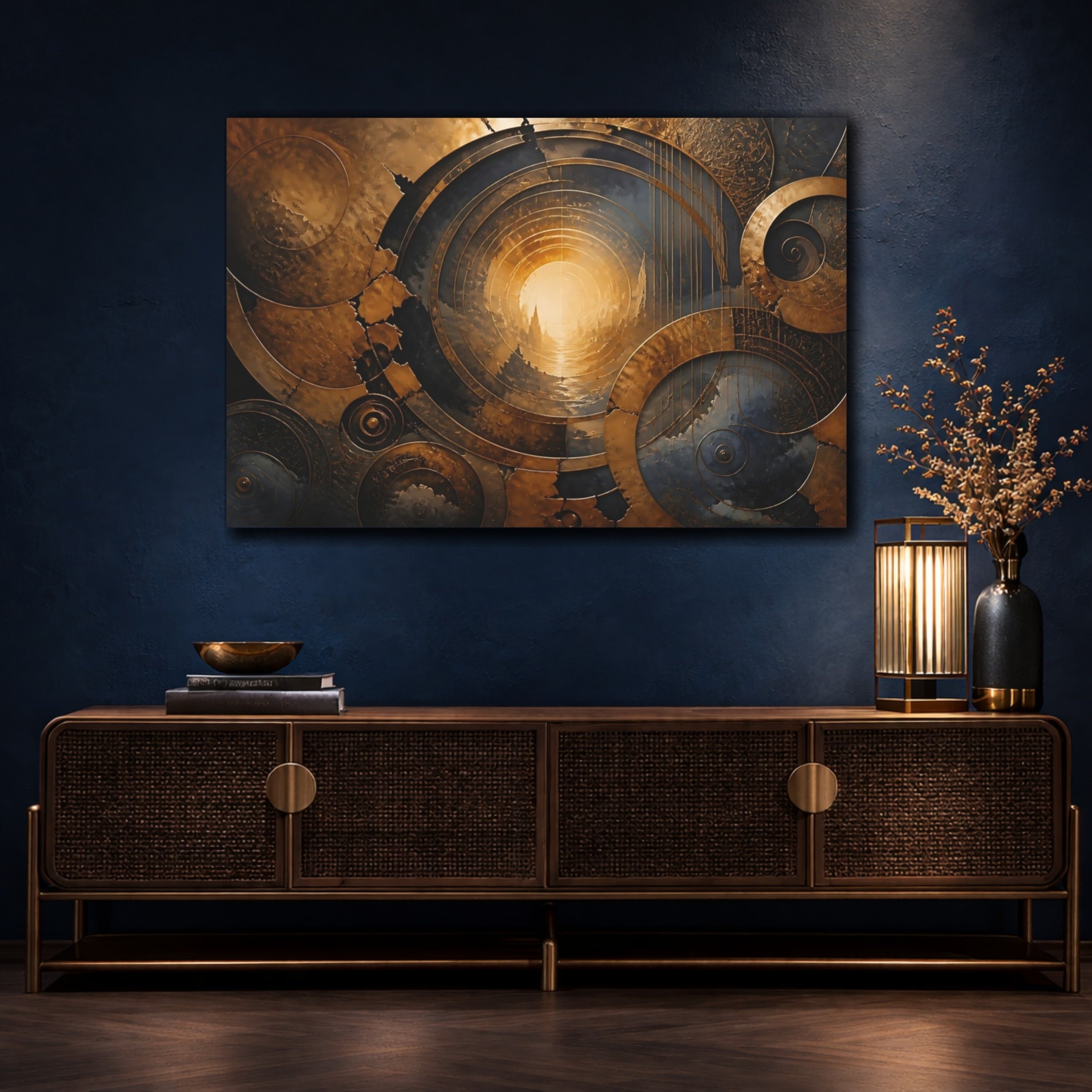 Mockup 4. Abstract Golden Portal Gold And Blue shown as stretched canvas wall art