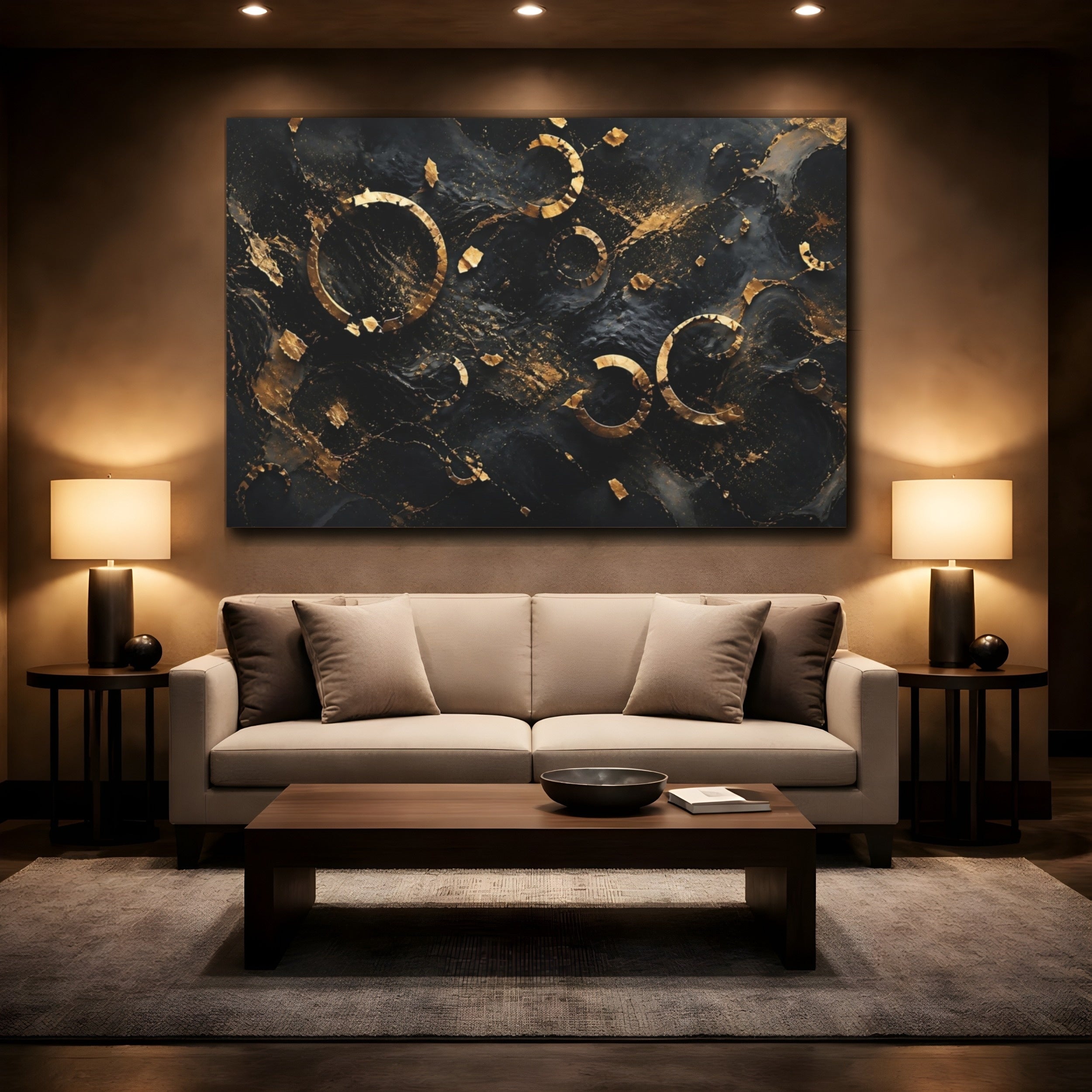 Mockup 2. Abstract Golden Rings Black And Gold Abstract shown as stretched canvas wall art