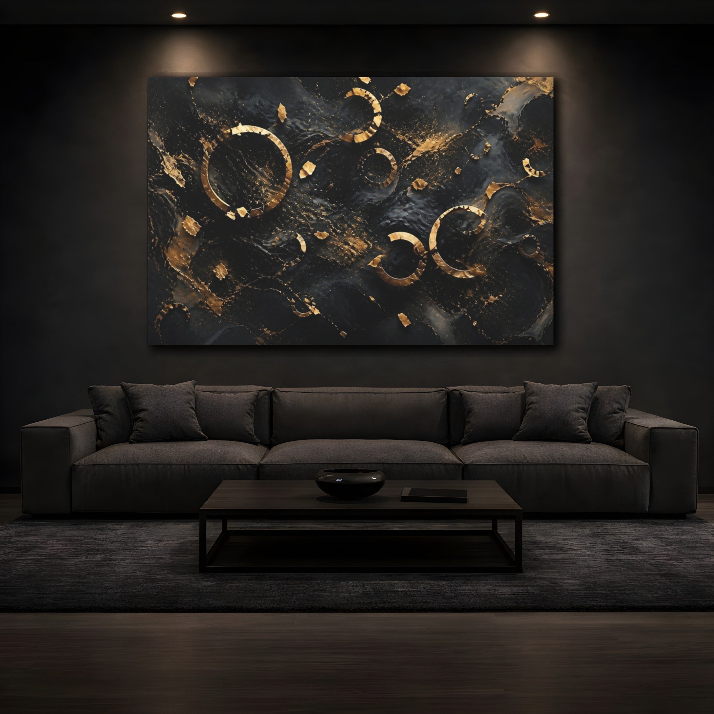 Mockup 3. Abstract Golden Rings Black And Gold Abstract shown as stretched canvas wall art
