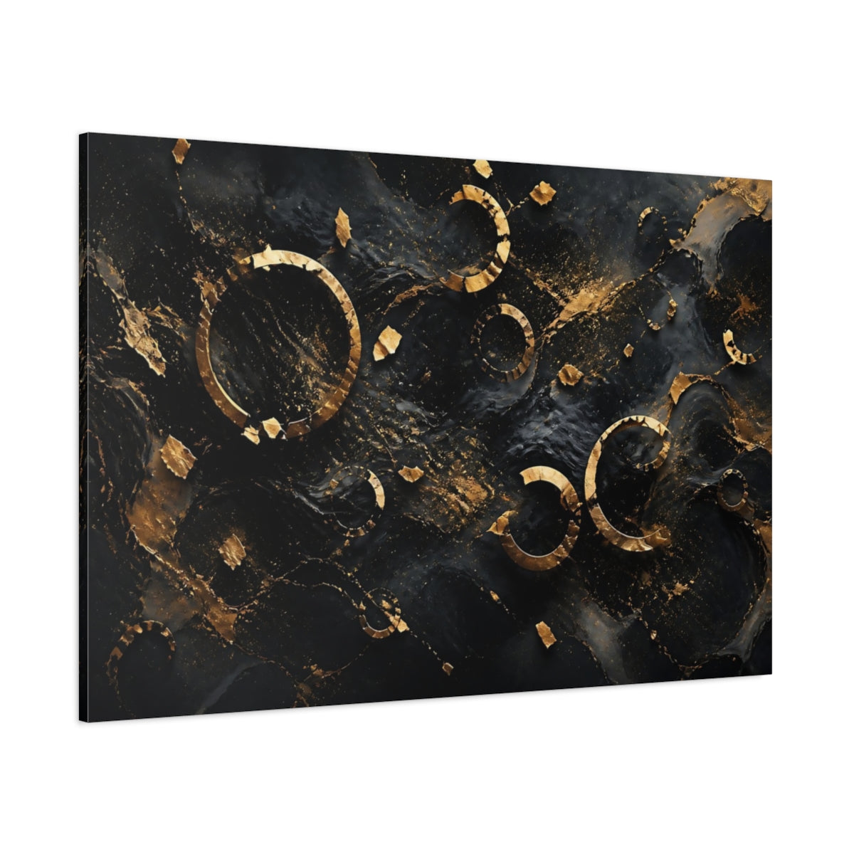Side Mockup 1. Abstract Golden Rings Black And Gold Abstract shown as stretched canvas wall art