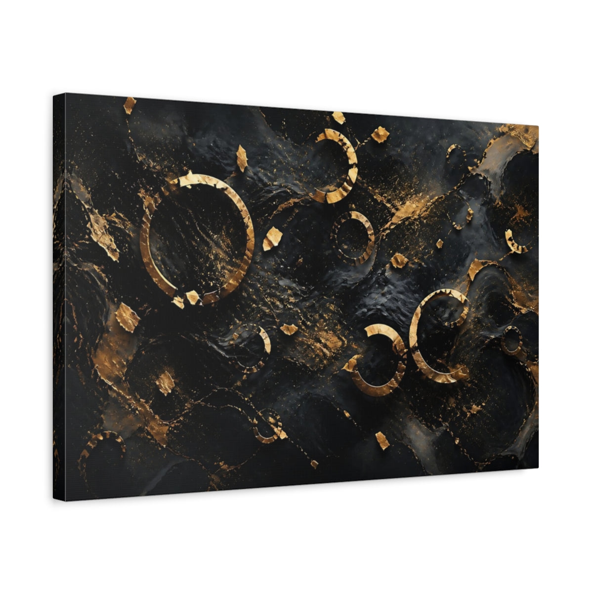 Side Mockup 3. Abstract Golden Rings Black And Gold Abstract shown as stretched canvas wall art