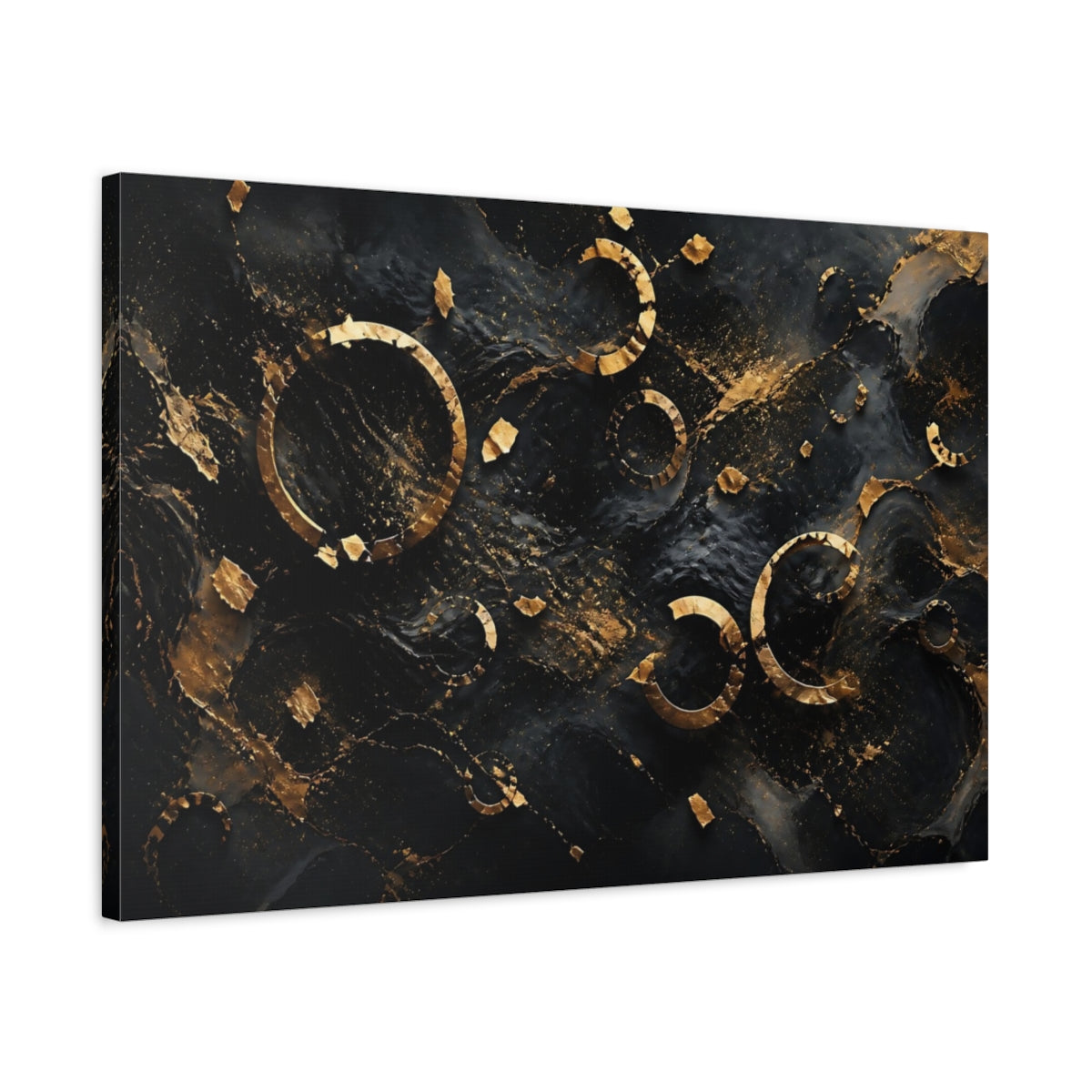 Side Mockup 2. Abstract Golden Rings Black And Gold Abstract shown as stretched canvas wall art