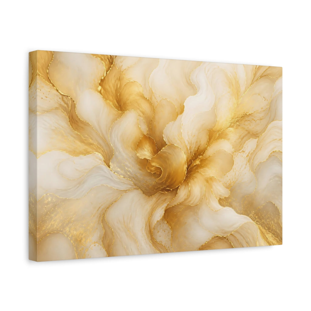 Side Mockup 4. Abstract Golden Swirls Gold And Cream shown as stretched canvas wall art