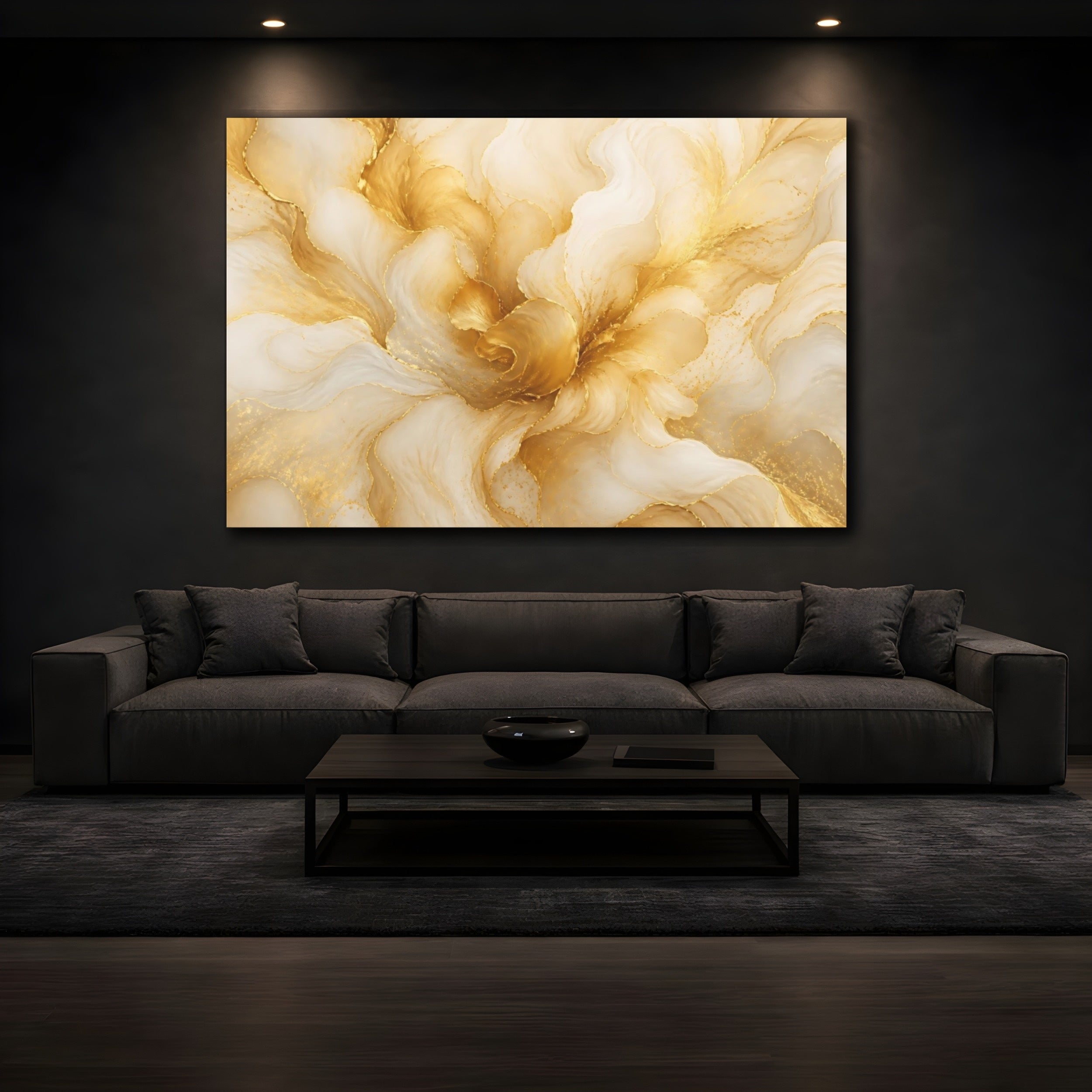 Mockup 3. Abstract Golden Swirls Gold And Cream shown as stretched canvas wall art
