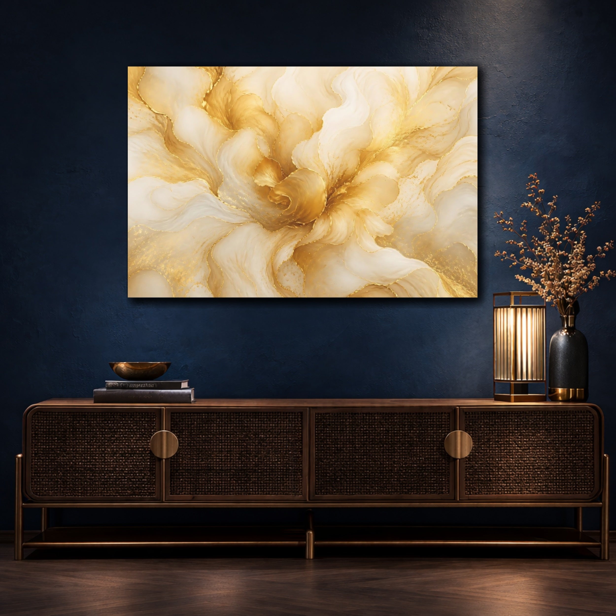 Mockup 4. Abstract Golden Swirls Gold And Cream shown as stretched canvas wall art