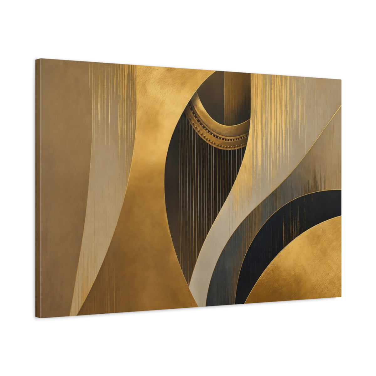 Main Mockup. Abstract Harp Gold And Black shown as stretched canvas wall art