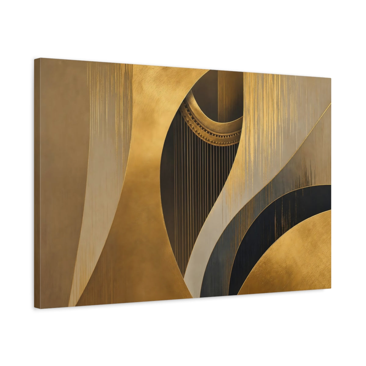 Side Mockup 2. Abstract Harp Gold And Black shown as stretched canvas wall art