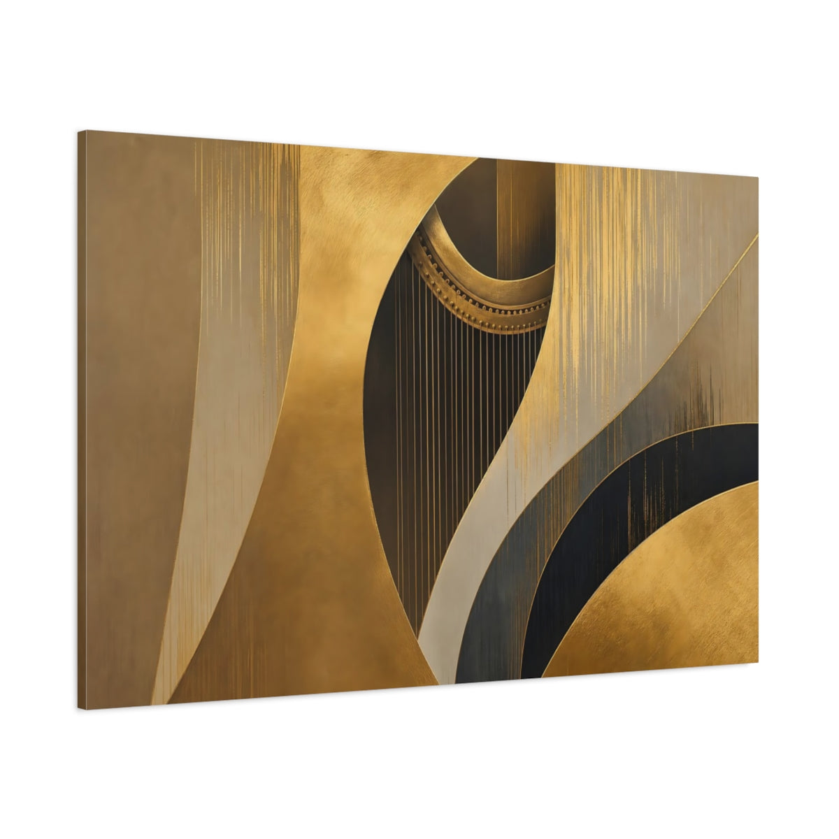 Side Mockup 1. Abstract Harp Gold And Black shown as stretched canvas wall art