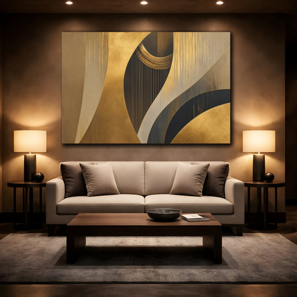 Mockup 2. Abstract Harp Gold And Black shown as stretched canvas wall art