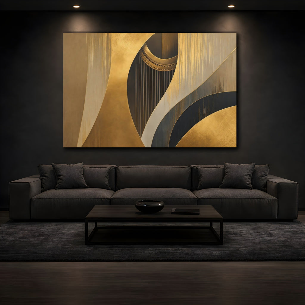 Mockup 3. Abstract Harp Gold And Black shown as stretched canvas wall art